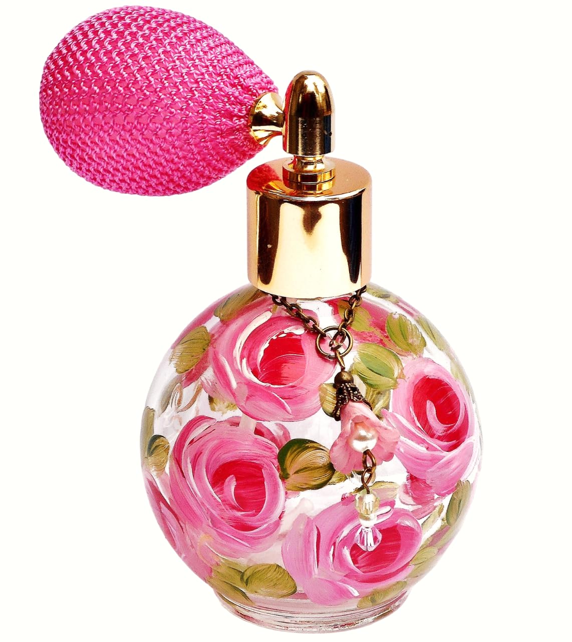 Elegant Refillable Glass Perfume Bottle with Hand-Painted Pink Roses & Crystal Pearls - Perfect for Travel, Gift Giving & Vanity Decor