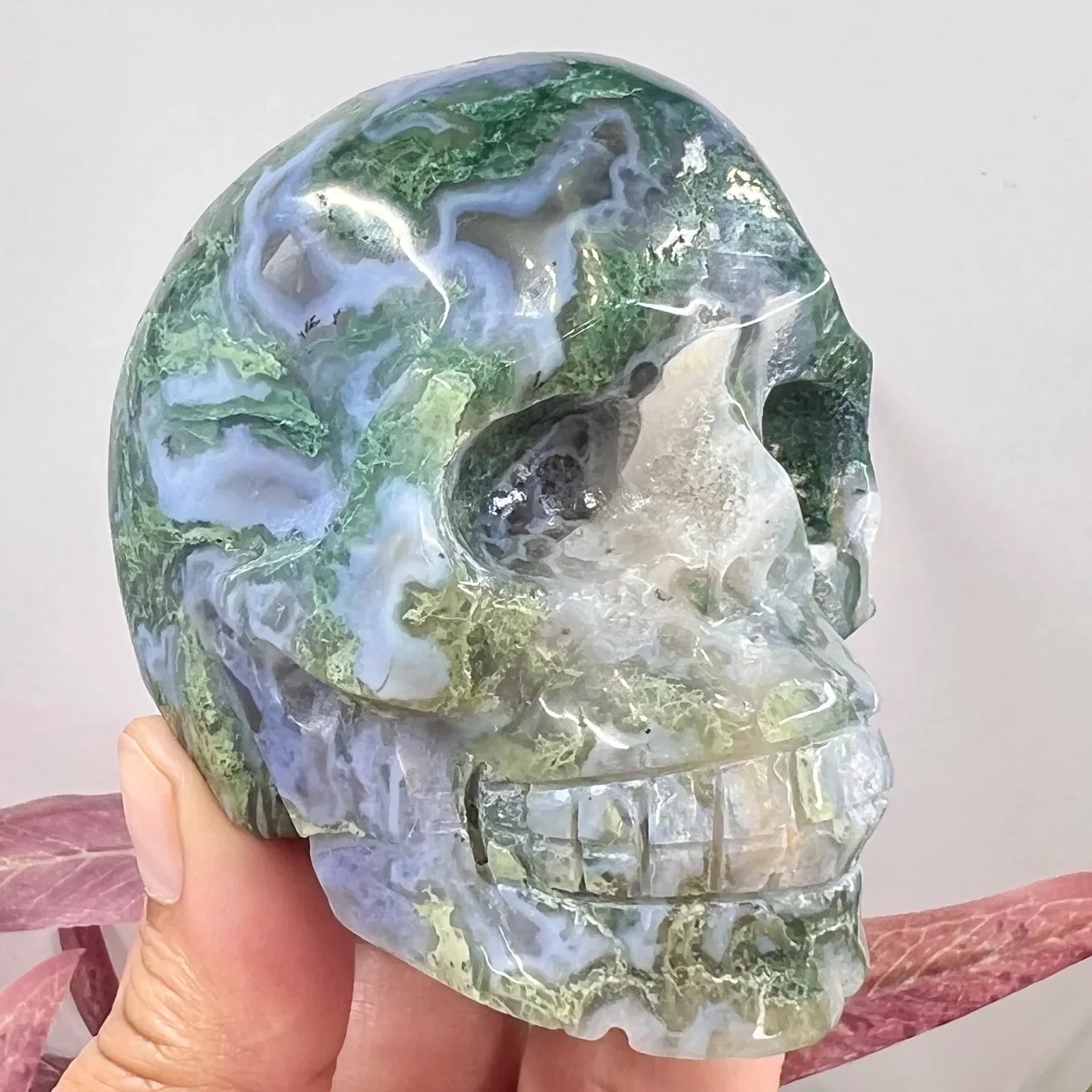 Natural Green Moss Agate Carved Skull Druzy Crystal Geode - Healing Stone for Meditation, Witchcraft & Home Decor - Unique Spiritual Decor for Altars, Gifts & Gothic Interior Design