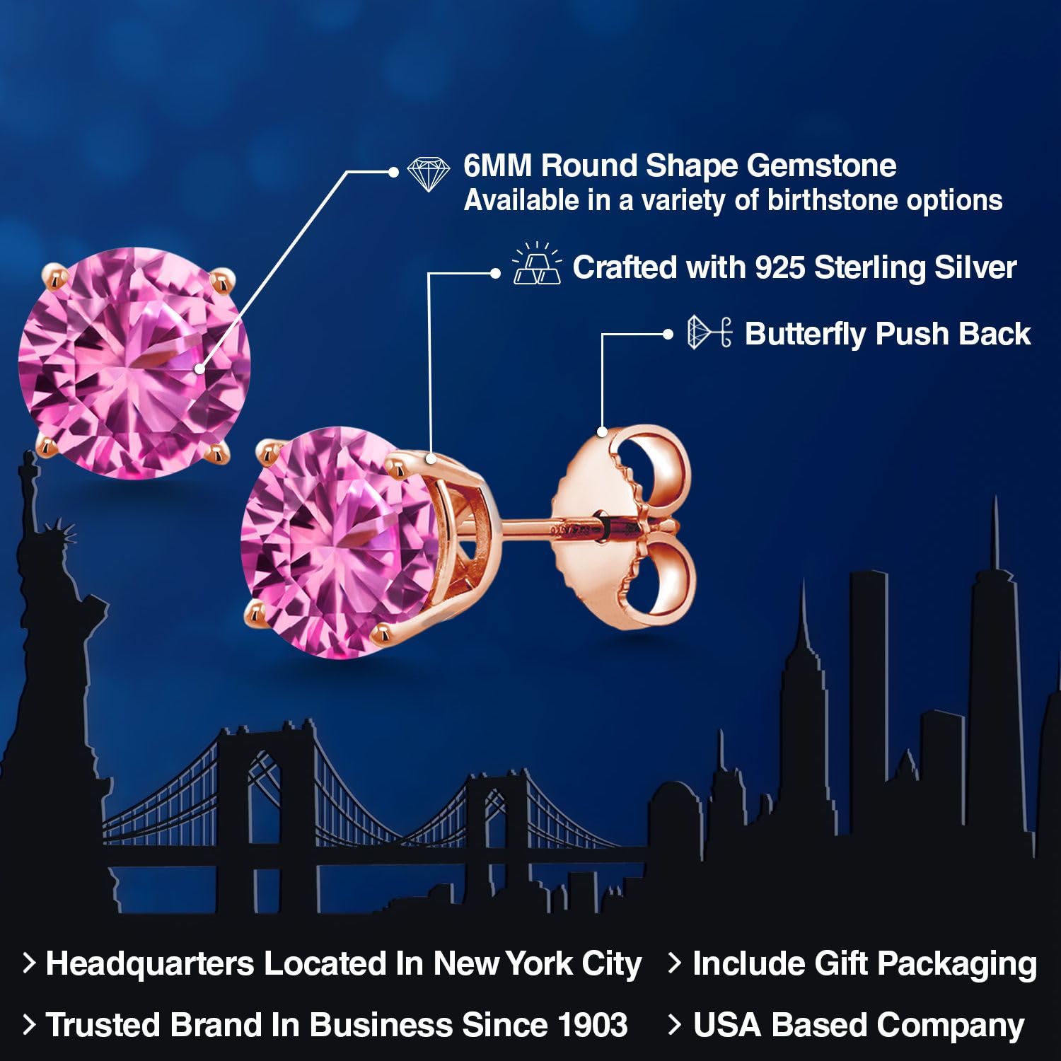 Gem Stone King 18K Rose Gold Plated Sterling Silver 6MM Round Birthstone Stud Earrings for Women & Men | Personalized Jewelry Gift for Birthday, Anniversary & Special Occasions