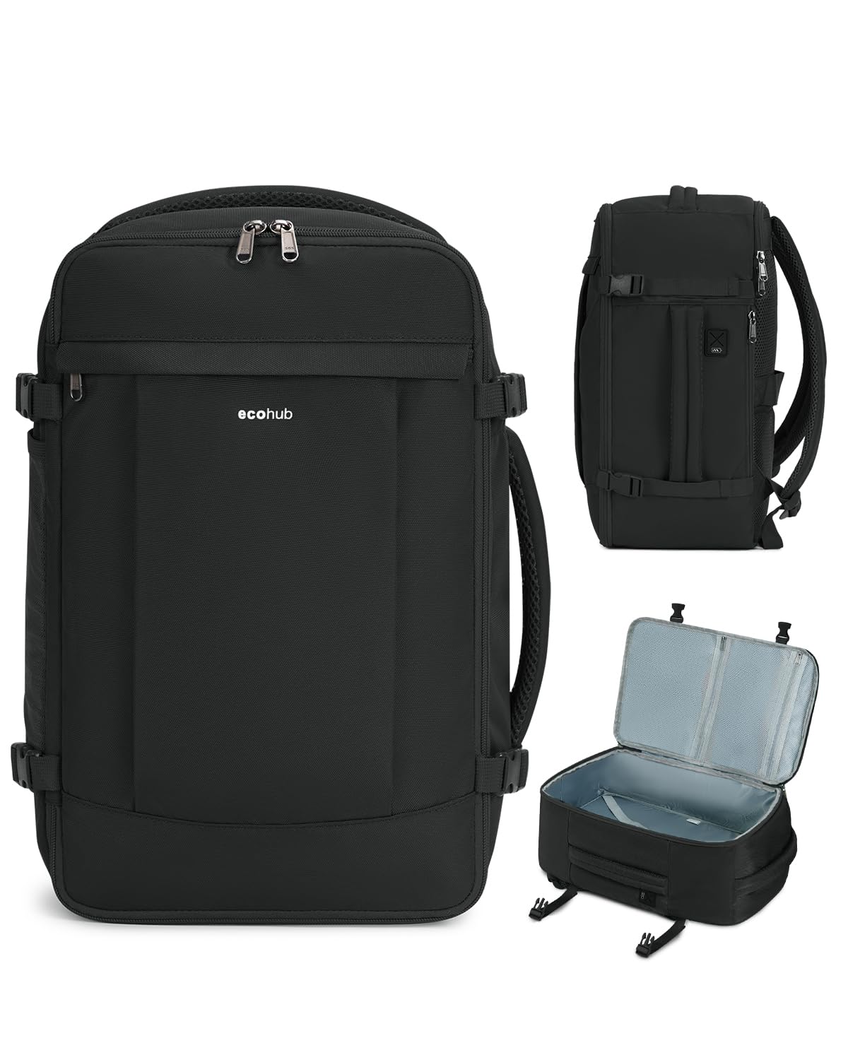 ECOHUB 30L Anti-Theft Travel Backpack with USB Charging Port - 15.6 Inch Laptop Compartment, Flight Approved Carry-On for Men & Women - Perfect for Air Travel, Commuting & Business Trips (Black)