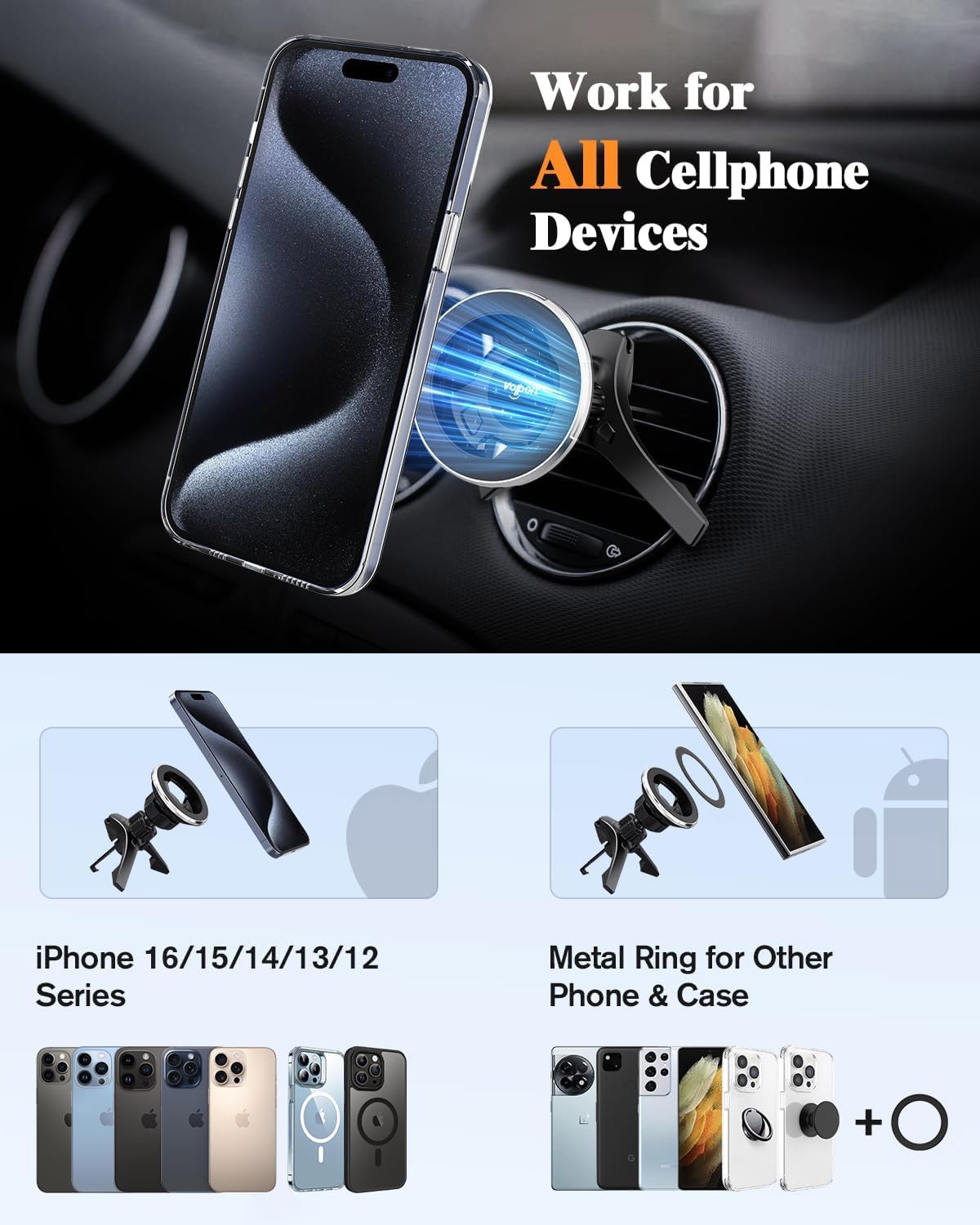 Volport Magnetic Car Phone Mount for Magsafe - Universal Air Vent & Dashboard Holder with Strong Magnet for iPhone 16/15/14/13/12 Pro Max Plus & Samsung S24 Ultra - Perfect for Hands-Free Driving & GPS Navigation