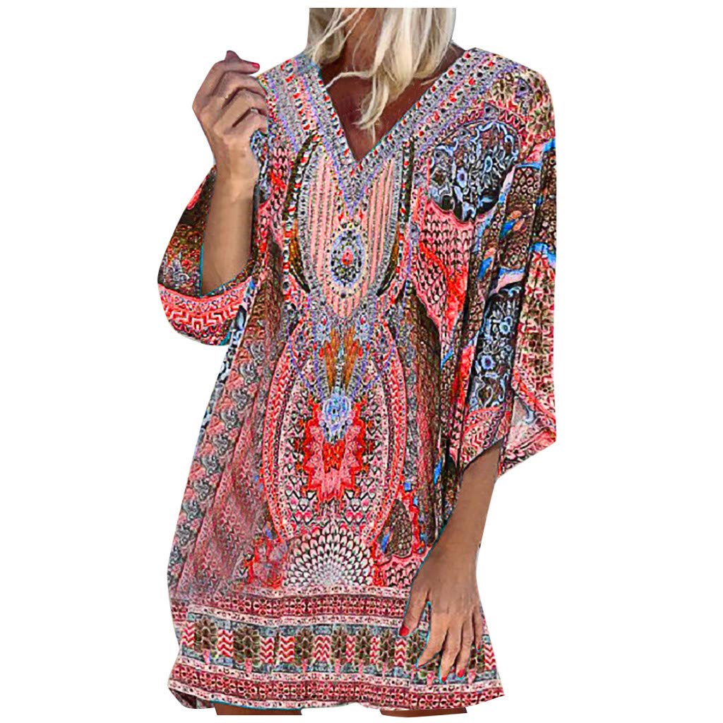 Women's Long Sleeve V-Neck Printed Beach Dress - Flowy Vacation Maxi Dress for Summer, Winter, Party & Leisure Wear | Perfect for Beach Holidays, Date Nights & Casual Outings