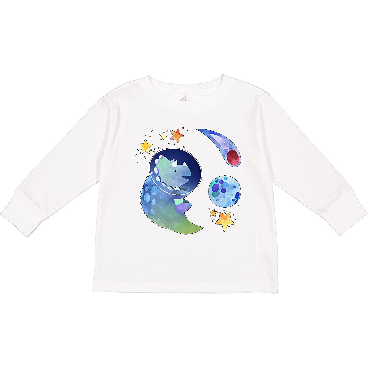 Inktastic Triceratops in Space with Planets - Cute Dinosaur Toddler Long Sleeve T-Shirt for Boys & Girls - Soft Cotton Kids Tee for Playdates, School & Everyday Wear