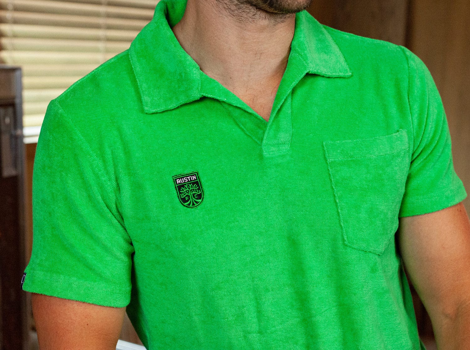 Austin FC Terry Cloth Polo Shirt with Embroidered Badge in Bright Verde - Perfect for Soccer Games & Casual Wear