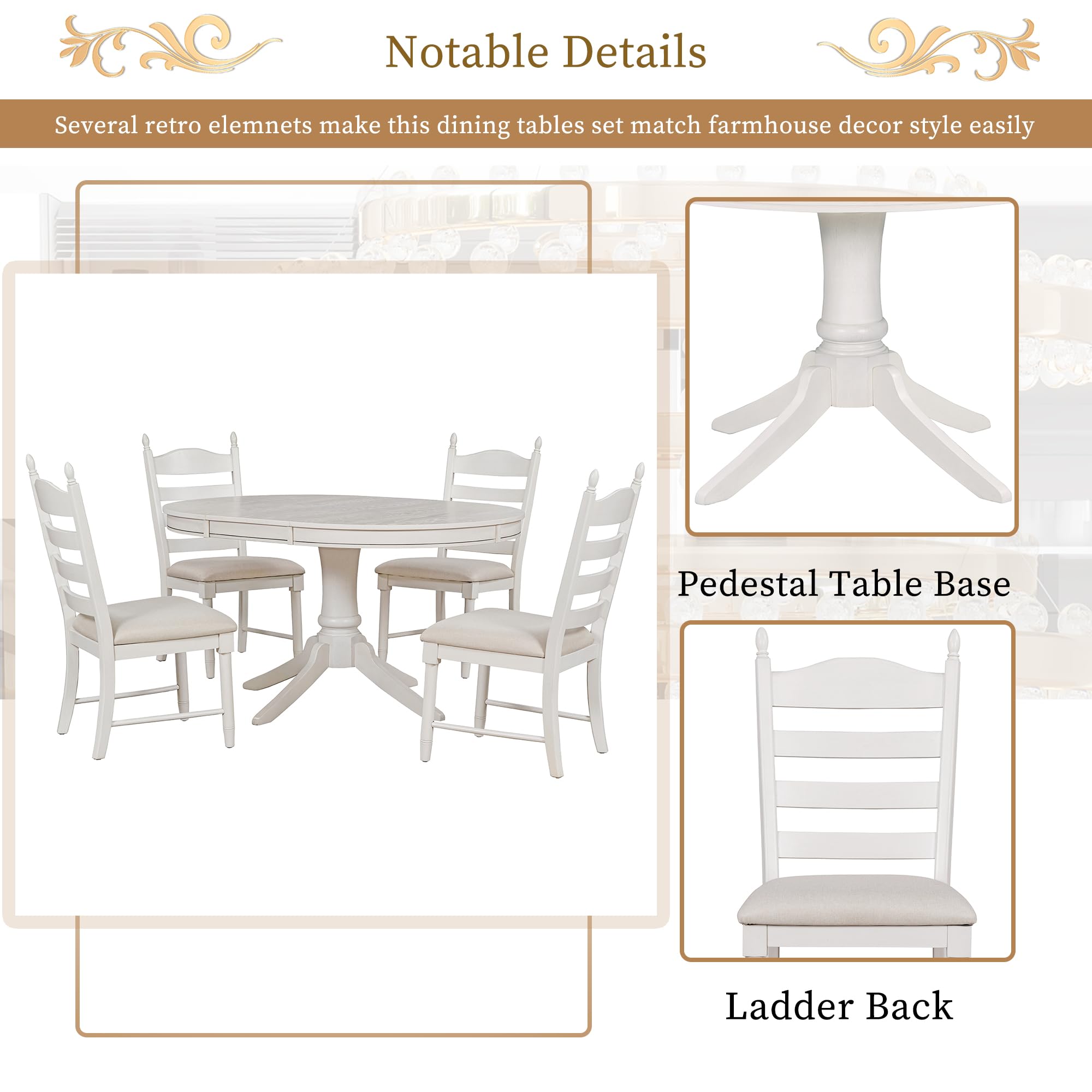 Knocbel Retro 4-Person Extendable Dining Table Set with 4 Upholstered Chairs - 5-Piece Kitchen Dinette Set in Antique White (58 Inch) - Perfect for Small Space Dining Rooms, Breakfast Nooks, Bistros & Home Bars