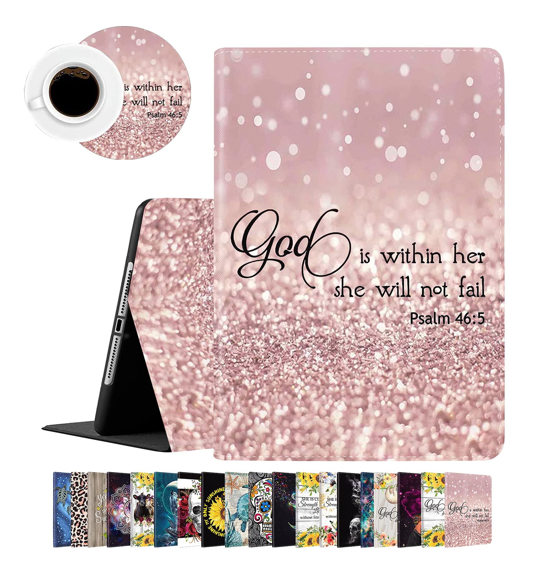 Molarepi iPad 9.7 Case for iPad 6th/5th Generation & iPad Air 2/Air - Rose Gold Rainbow Glitter with Bible Verse Psalm 46:5 - Protective Cover with Coasters Set for Home, Office & Travel Use