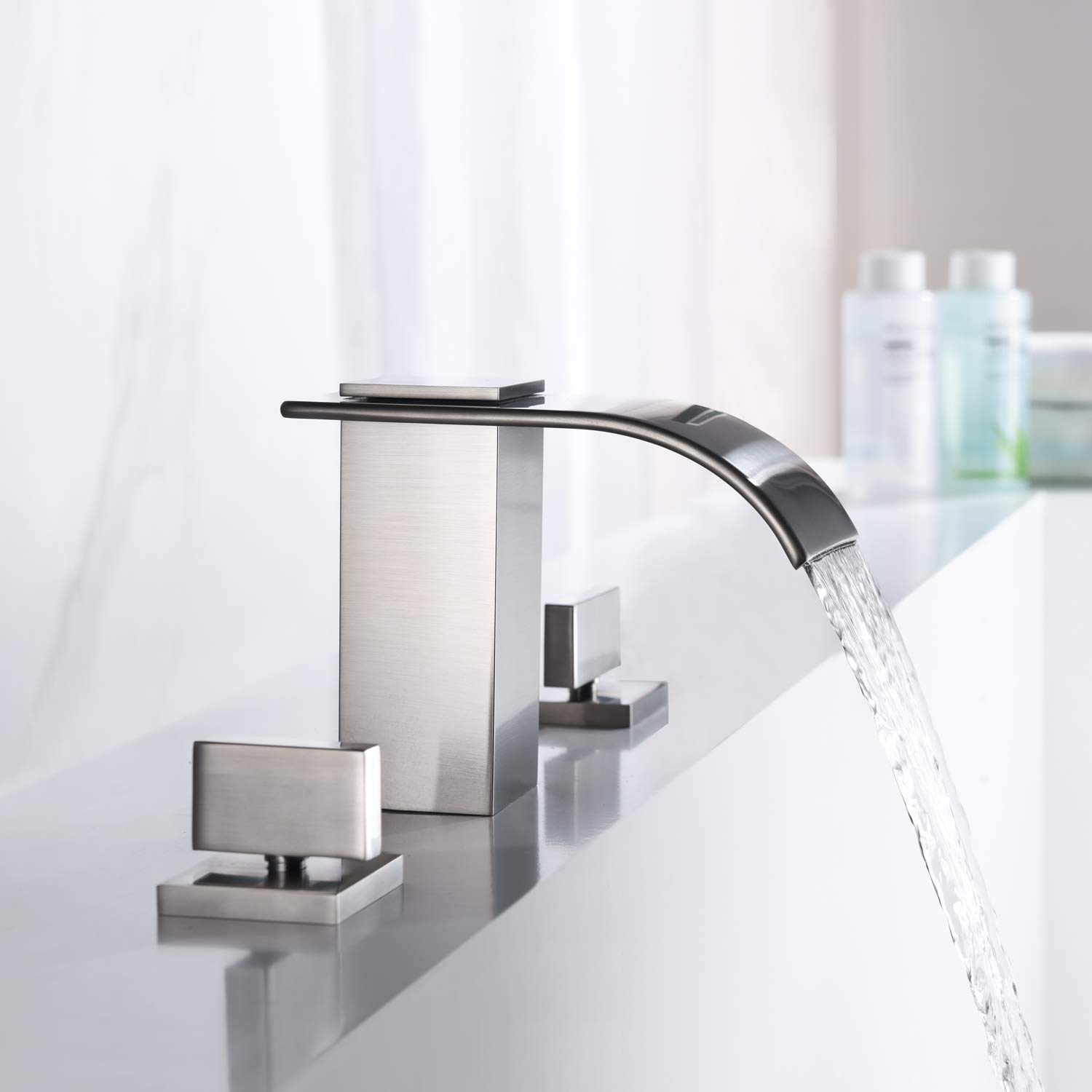 Sumerain Brushed Nickel Roman Tub Faucet - 3 Hole Widespread Bathroom Faucet with High Flow Waterfall Spout for Luxury Bathtub & Spa Relaxation