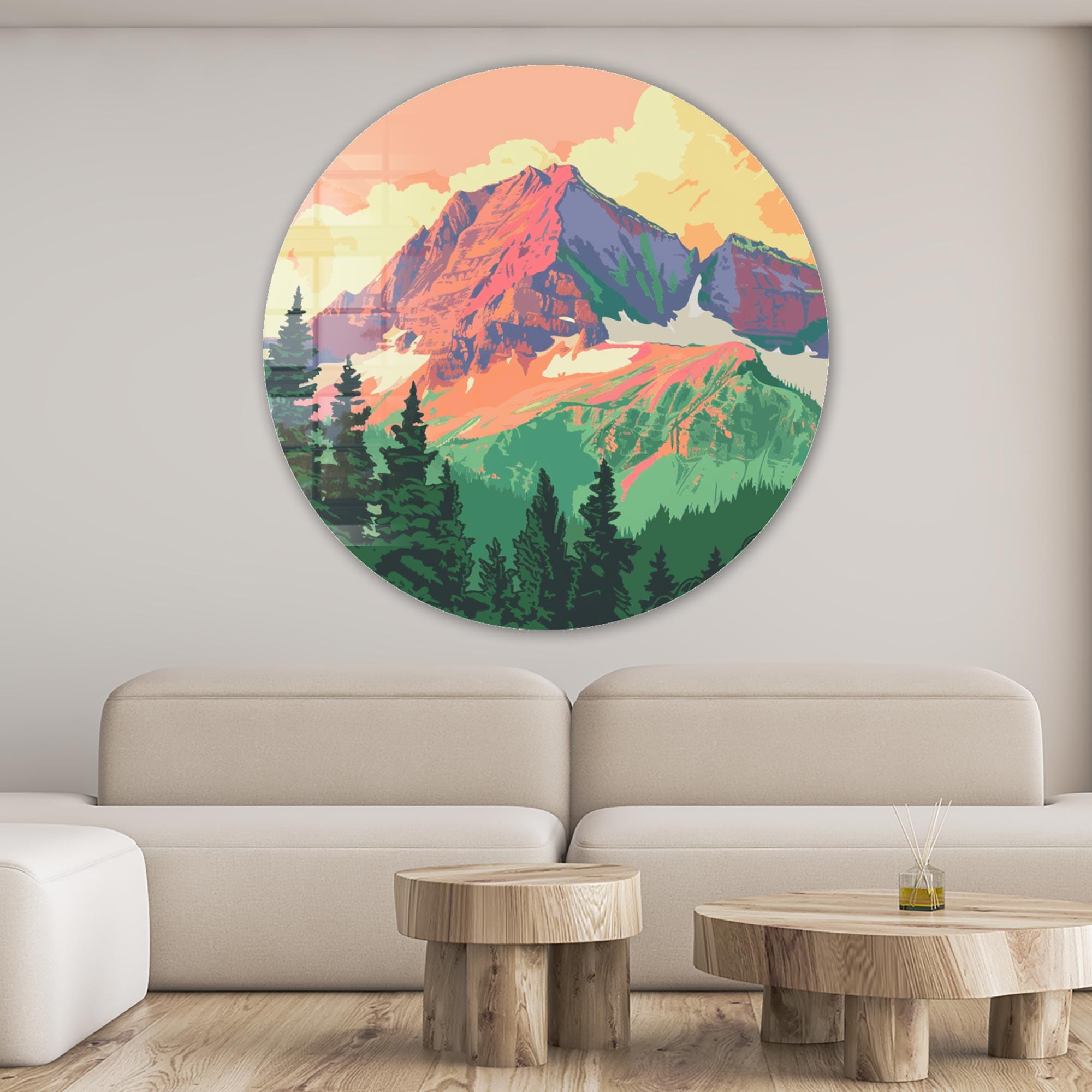 Mountains Illustration Rounded Glass Wall Art - Nature-Inspired Home Decor for Living Room, Bedroom & Office