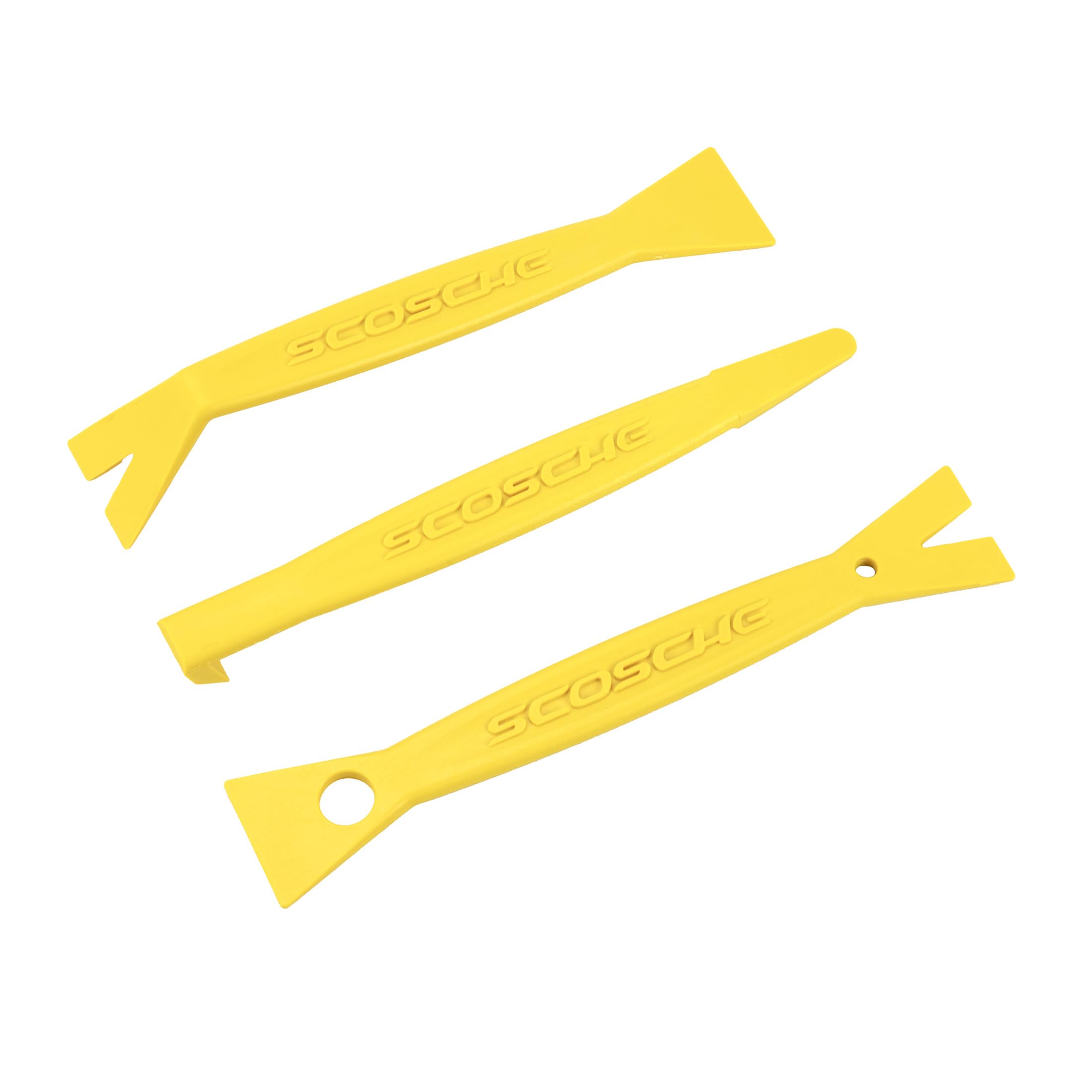 Scosche PRT3MX Auto Trim Removal Tool Kit - 3-Piece No Scratch Plastic Pry Set for Car Door Panels, Dashboard & Interior Trim - Safe for Clips, Push Rivets & Moldings - Yellow Automotive Repair Tools (Perfect for DIY Car Maintenance & Professional Auto Detailing)