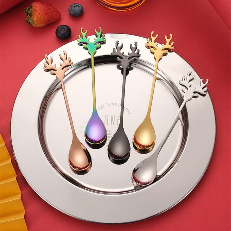 Deer Head Stainless Steel Coffee Spoon - Christmas Elk Sugar Stirring Spoon for Dessert, Kitchen & Tableware Decor - Gold (Perfect for Holiday Parties, Coffee Shops & Home Decor)