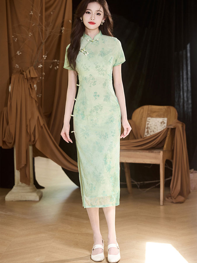 Elegant Pink and Green Jacquard Velvet Cheongsam Qipao Dress for Women | Traditional Chinese Style Evening Gown | Perfect for Weddings, Parties, and Special Occasions