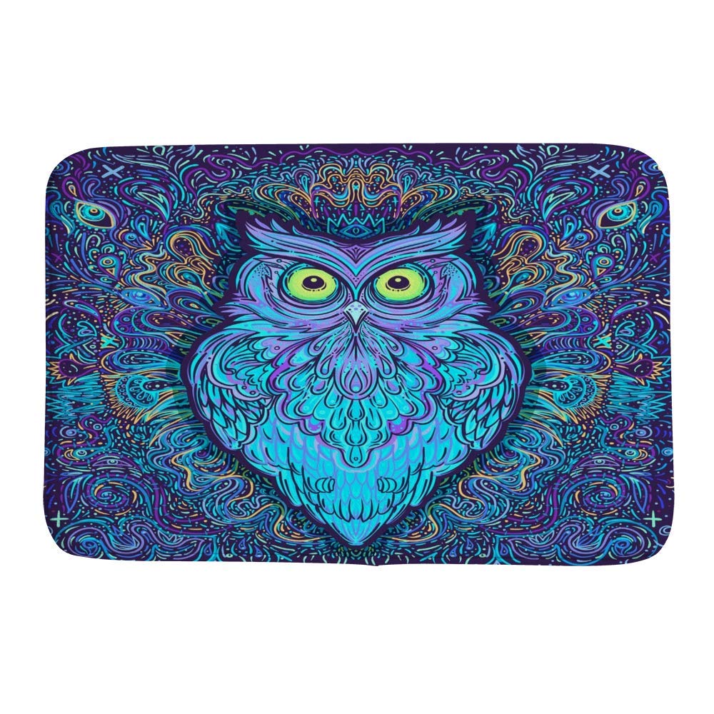 Non-Slip Psychedelic Owl Print Bathroom Rug - Absorbent Coral Fleece Shower Mat for Tub & Floor - Cozy Anti-Skid Doormat for Bathroom, Indoor & Outdoor Use