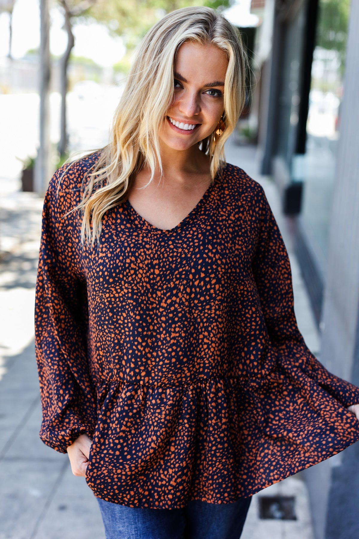 Navy & Rust Leopard Print Woven Babydoll Top for Women - Stylish Casual & Party Wear