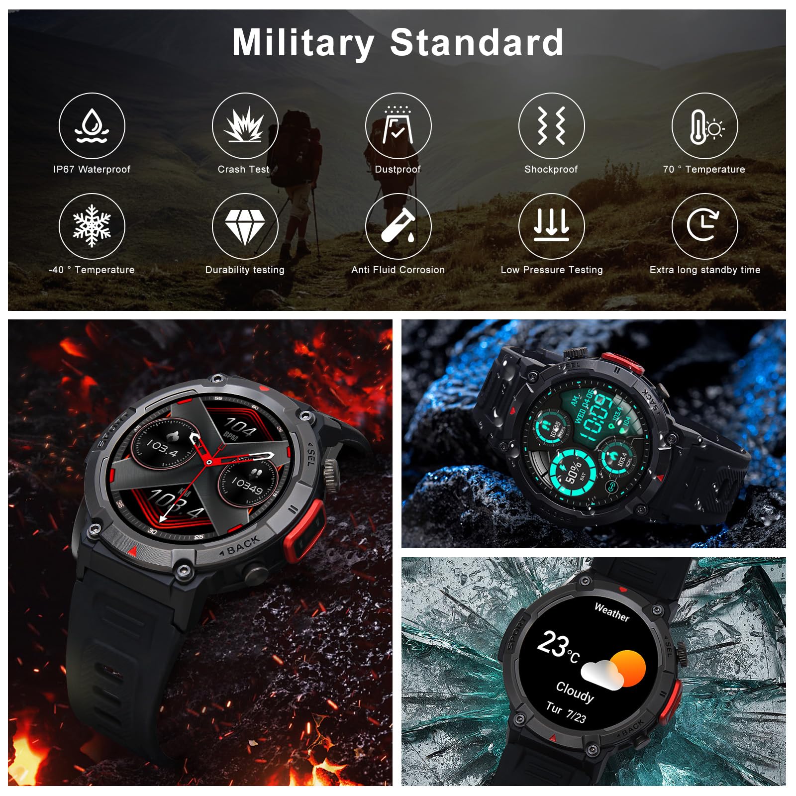 Military Smart Watch for Men - Fitness Tracker with Heart Rate Monitor, Waterproof Activity Watch for Running & Outdoor | Make/Answer Calls | Compatible with Android iPhone Samsung | Perfect for Workouts, Hiking & Daily Use