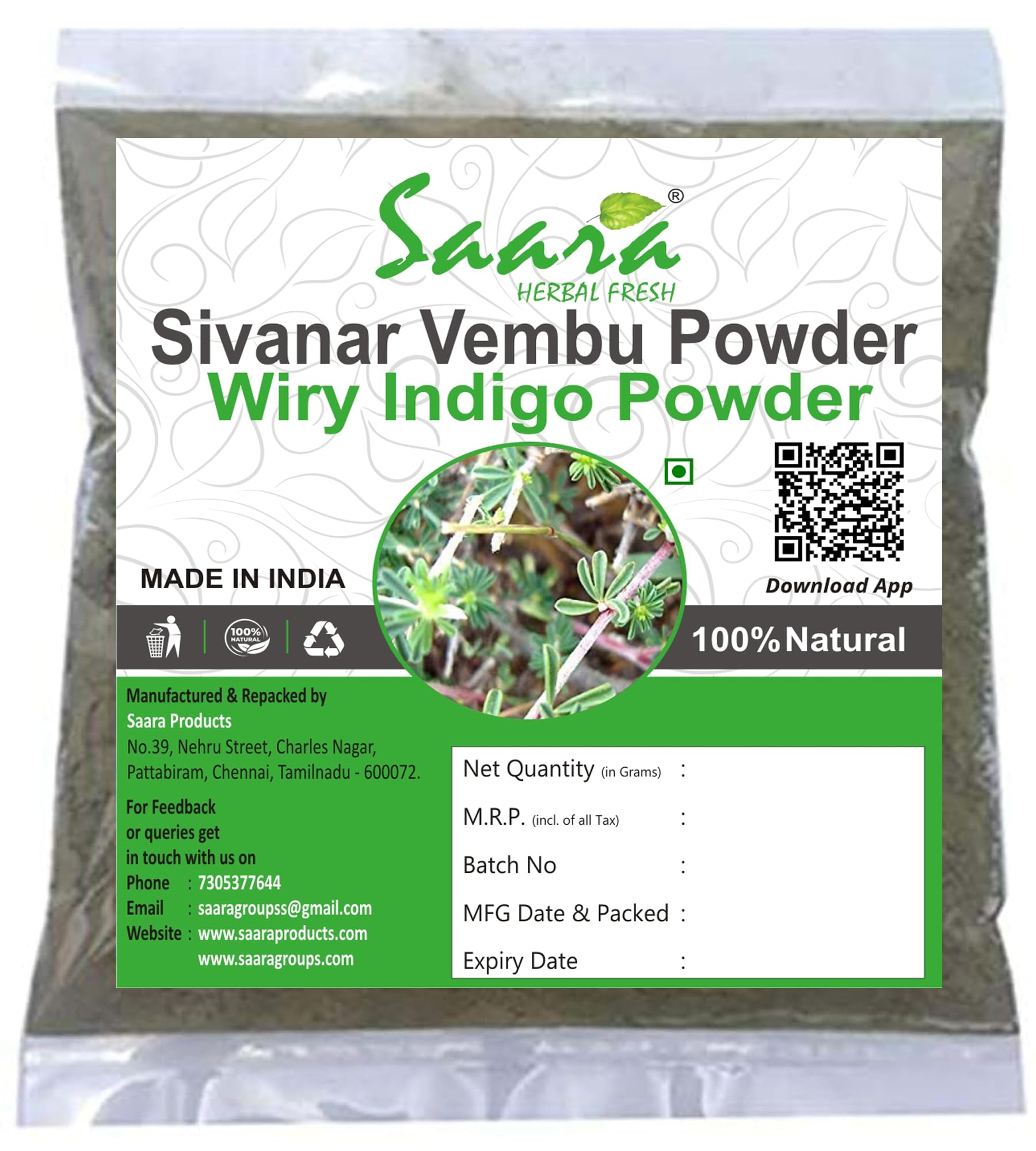 Saara HERBAL FRESH Sivanar Vembu Powder (Indigofera aspalathoides) - 300g (3 x 100g Pack) | Natural Remedy for Acne & Skin Blemishes | Organic Wiry Indigo Powder for Clear Skin & Face Care | Perfect for Daily Skincare Routine & Ayurvedic Treatments