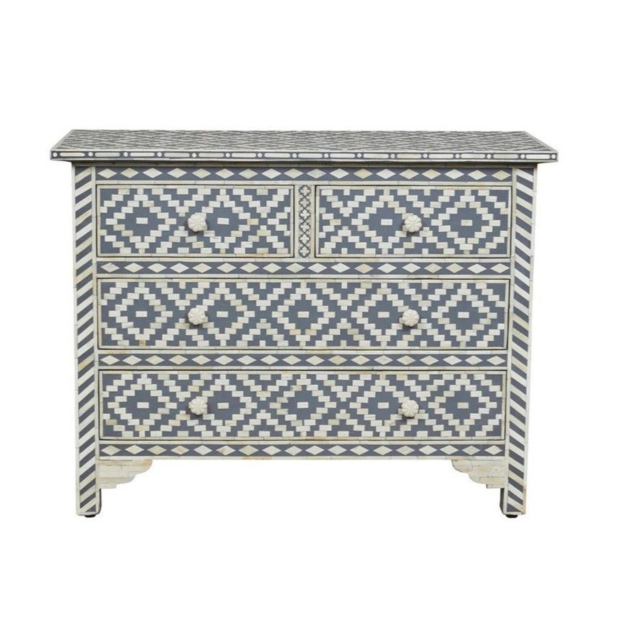 Handmade Bone Inlay Dresser with 4 Drawers - Geometric Diamond Pattern in Elegant Grey - Perfect for Bedroom, Living Room or Office Storage