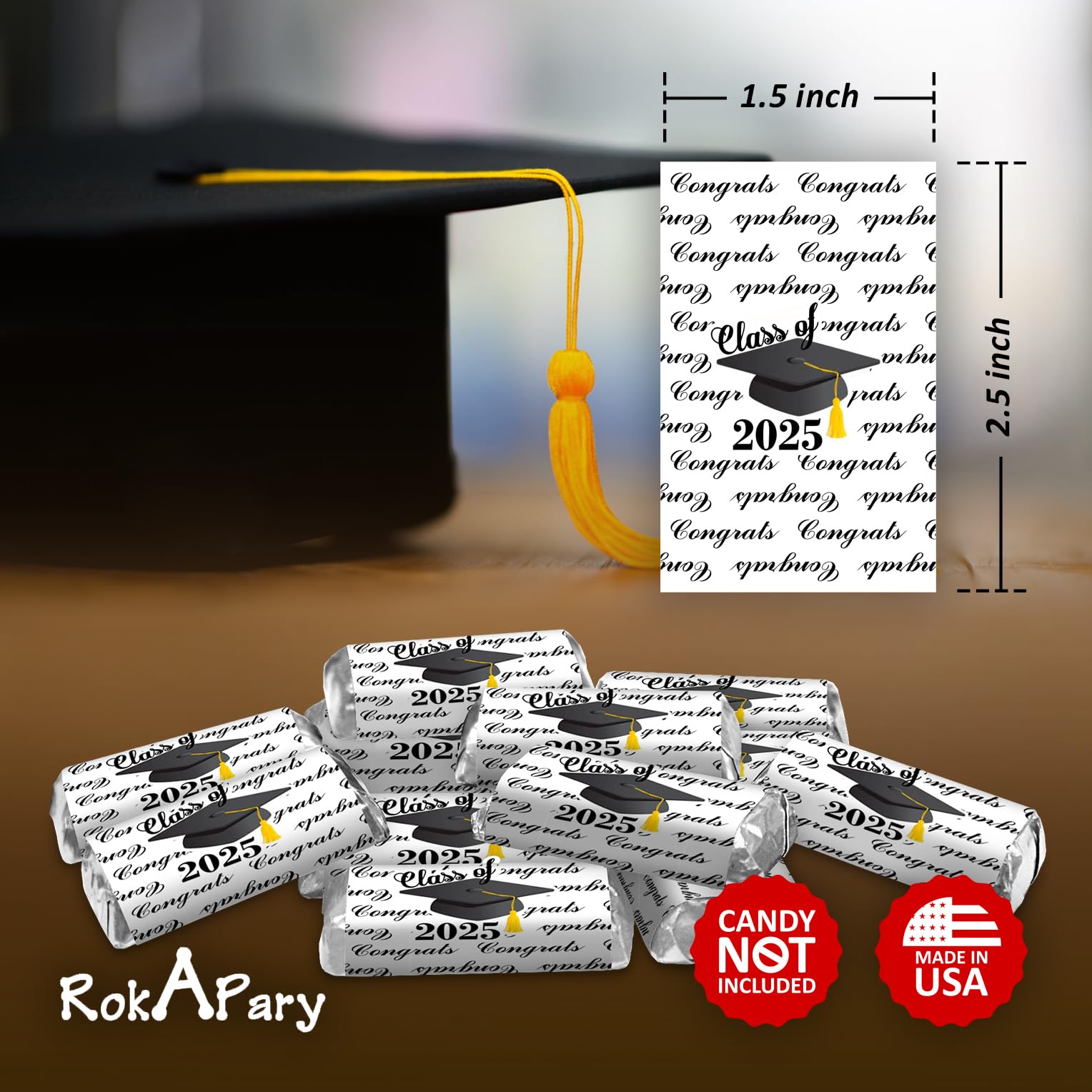 60pcs Class of 2025 Graduation Cap Mini Candy Bar Wrappers - Black Chocolate Bar Stickers & Labels (Candy Not Included) | USA Made | Perfect for Graduation Parties, School Events & Celebration Favors