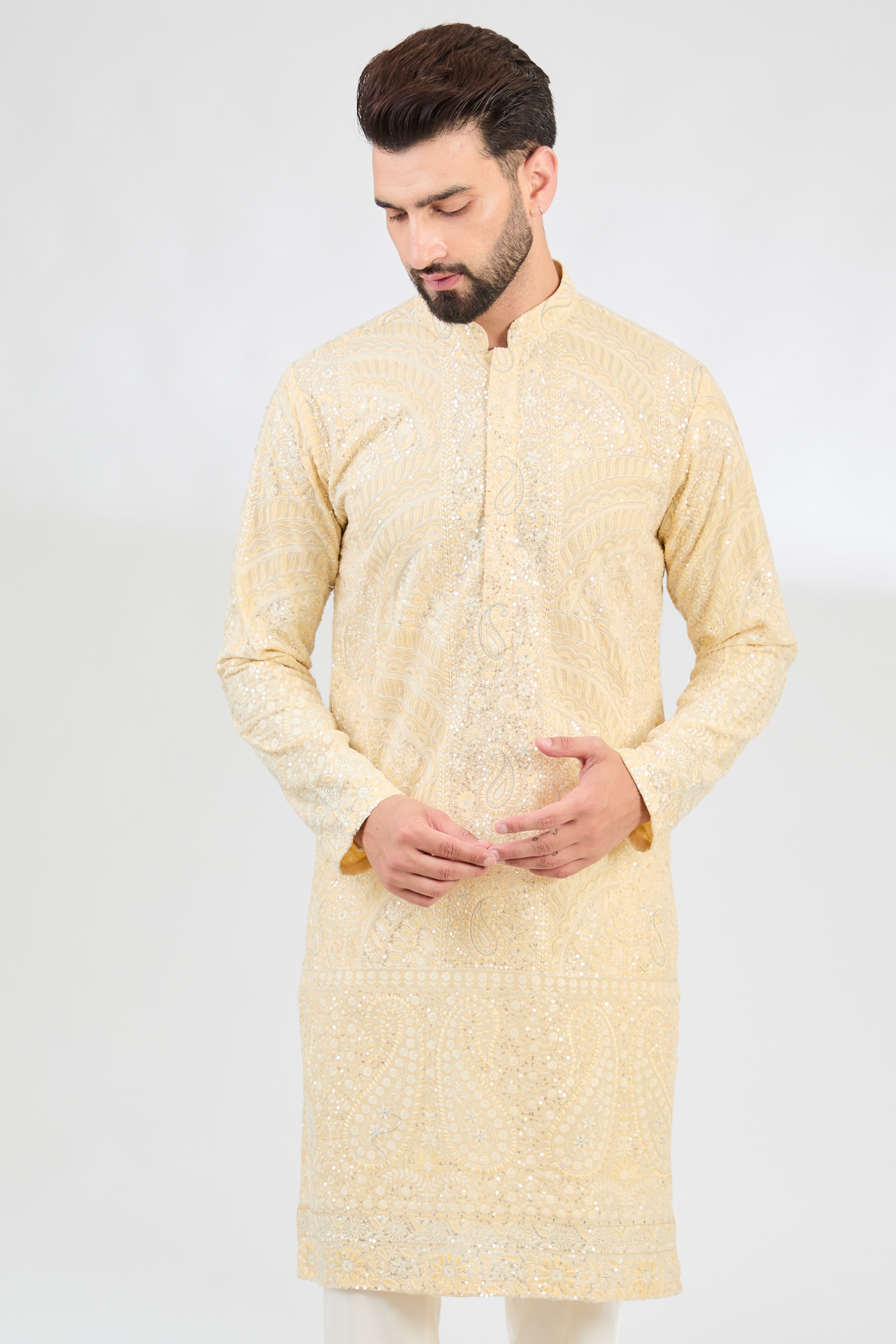 Elegant Lemon Yellow Chikankari Kurta with Intricate Paisley Motifs - Perfect for Festivals, Weddings & Ethnic Fashion