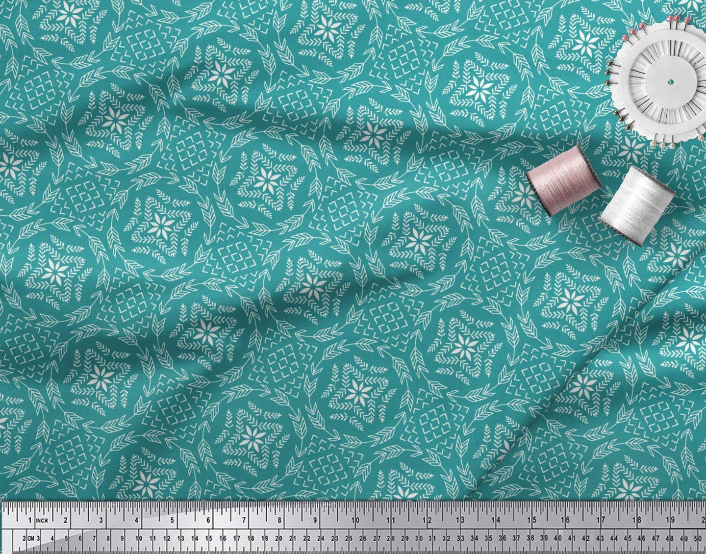Soimoi Moss Green Georgette Fabric by The Yard - 42 Inch Wide Seamless Damask Print - Timeless Classic Pattern for Dresses, Curtains & DIY Projects - Premium Printed Fabric for Sewing & Home Decor