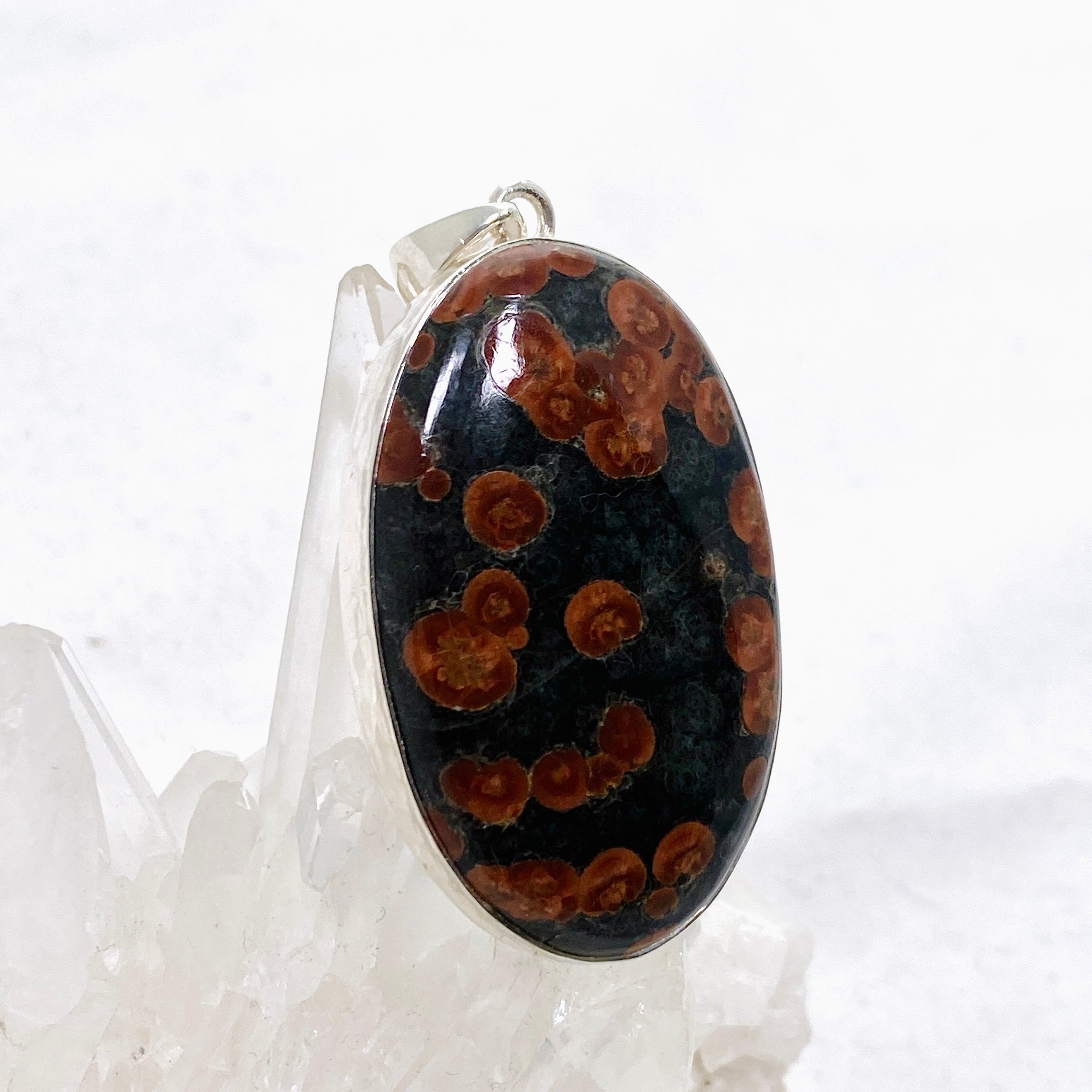 Natural Peanut Obsidian Perlite Oval Cabochon Pendant with Hammered Silver Setting KPGJ4769 - Elegant Handmade Jewelry for Women, Perfect for Gifts & Spiritual Healing