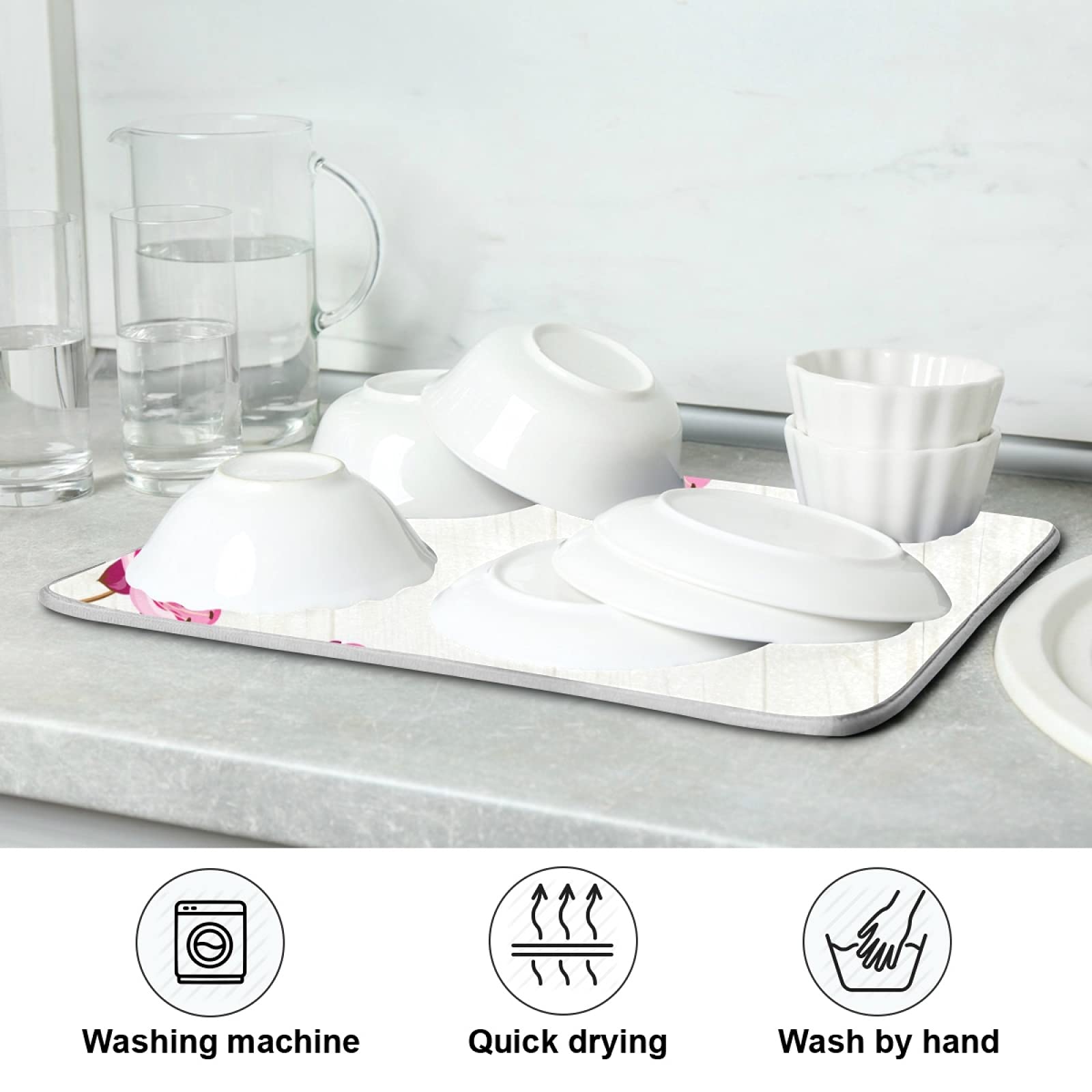 Absorbent Microfiber Dish Drying Mat - 18x16 Inch Reversible Kitchen Counter Pad with Cute Pink Floral Design | Non-Slip Bottle & Dish Drainer for Countertops, Sinks & Drying Racks | Perfect for Kitchens, RVs & Small Spaces