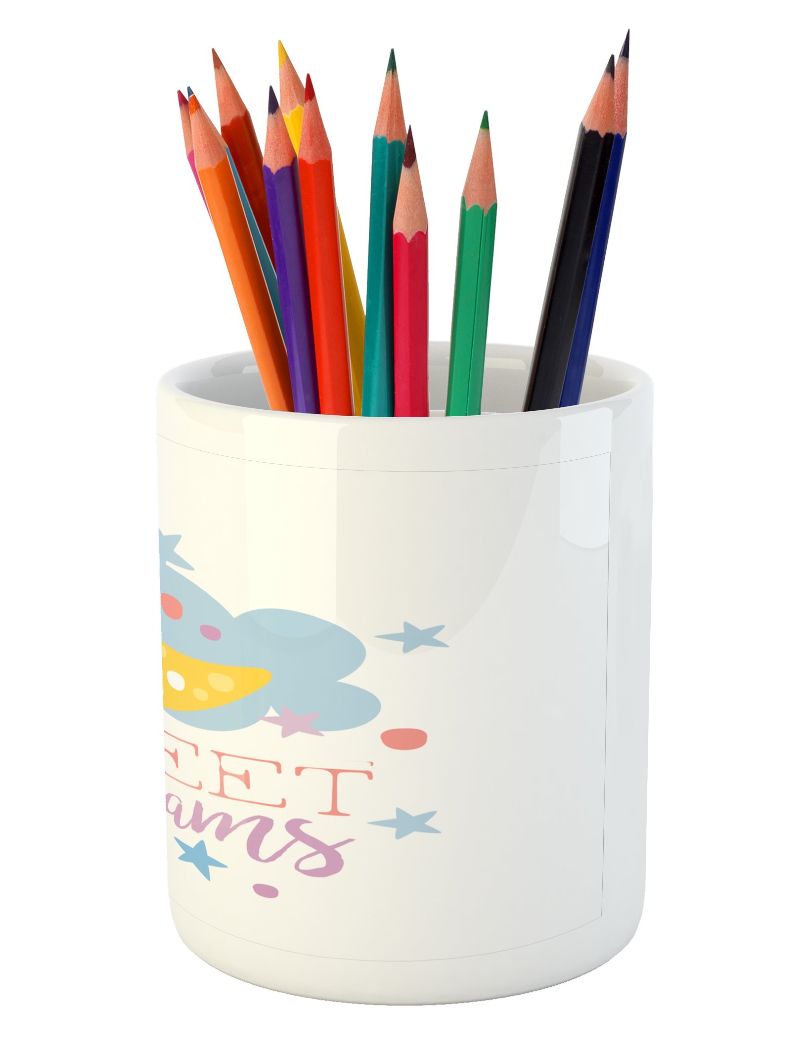 Ambesonne Ceramic Pen Holder with Colorful Hand Lettering, Stars & Moon Design - Stylish Desk Organizer for Office & Home Use | Perfect for Pencils, Pens & Stationery