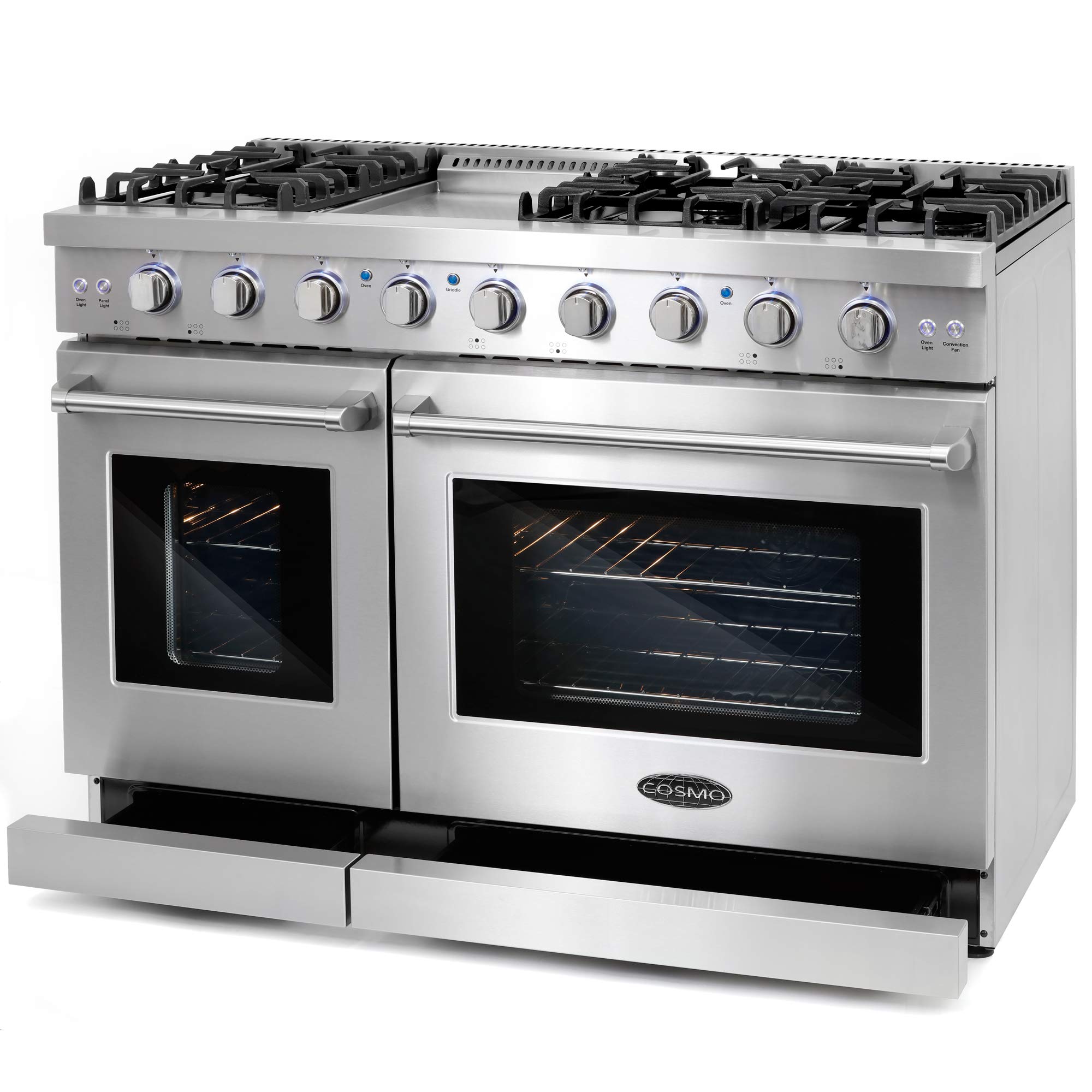 COSMO COS-EPGR486G 48-Inch Stainless Steel Gas Range - 6.8 cu. ft. Double Oven, 6 Burners with Griddle & Convection - Knob LED Lights - Perfect for Large Family Kitchens & Holiday Cooking