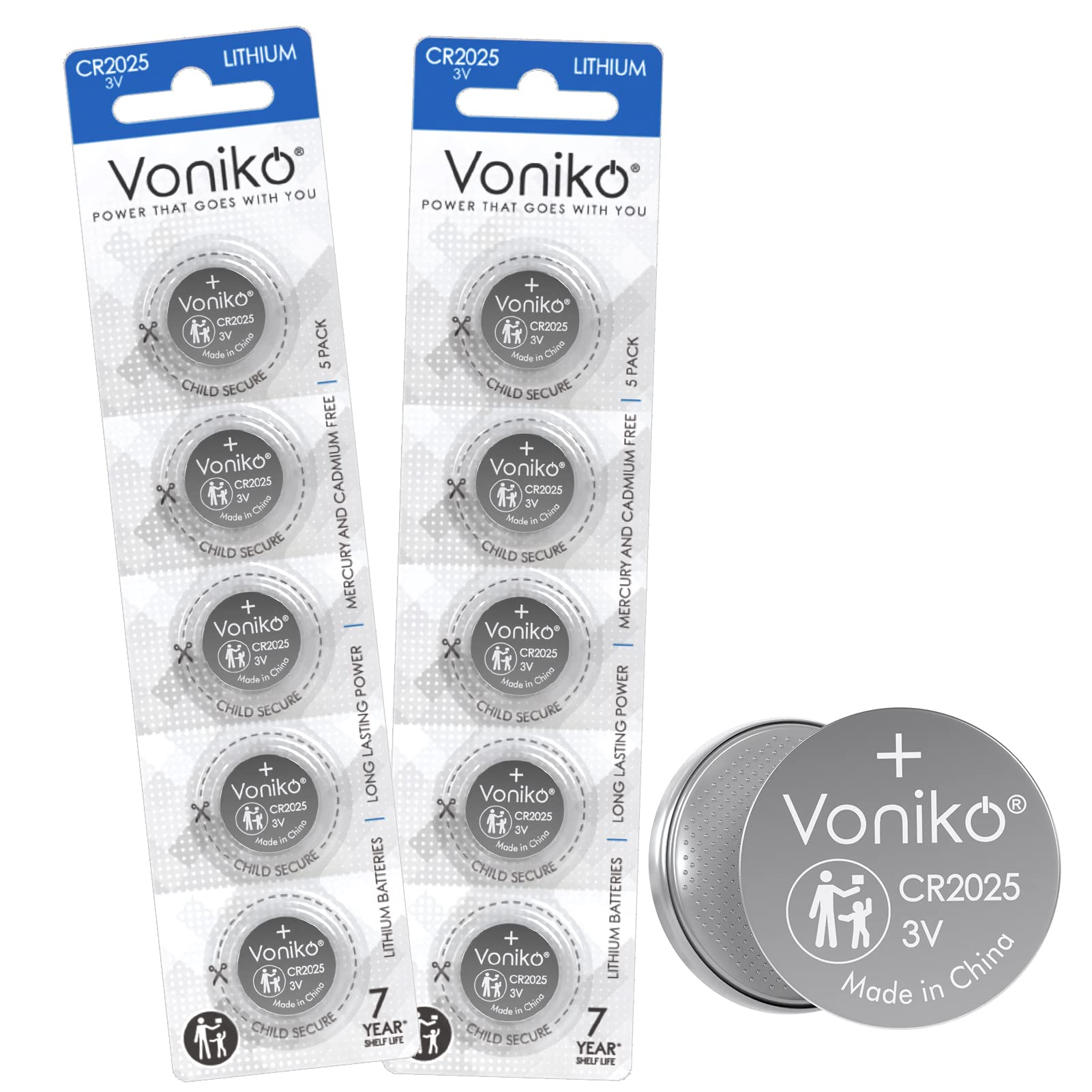 Voniko 3 Volt CR2025 Battery 10 Pack - Long Lasting Lithium Coin Cell Batteries with 7 Year Shelf Life - Perfect for Watches, Calculators, Key Fobs & Small Electronics