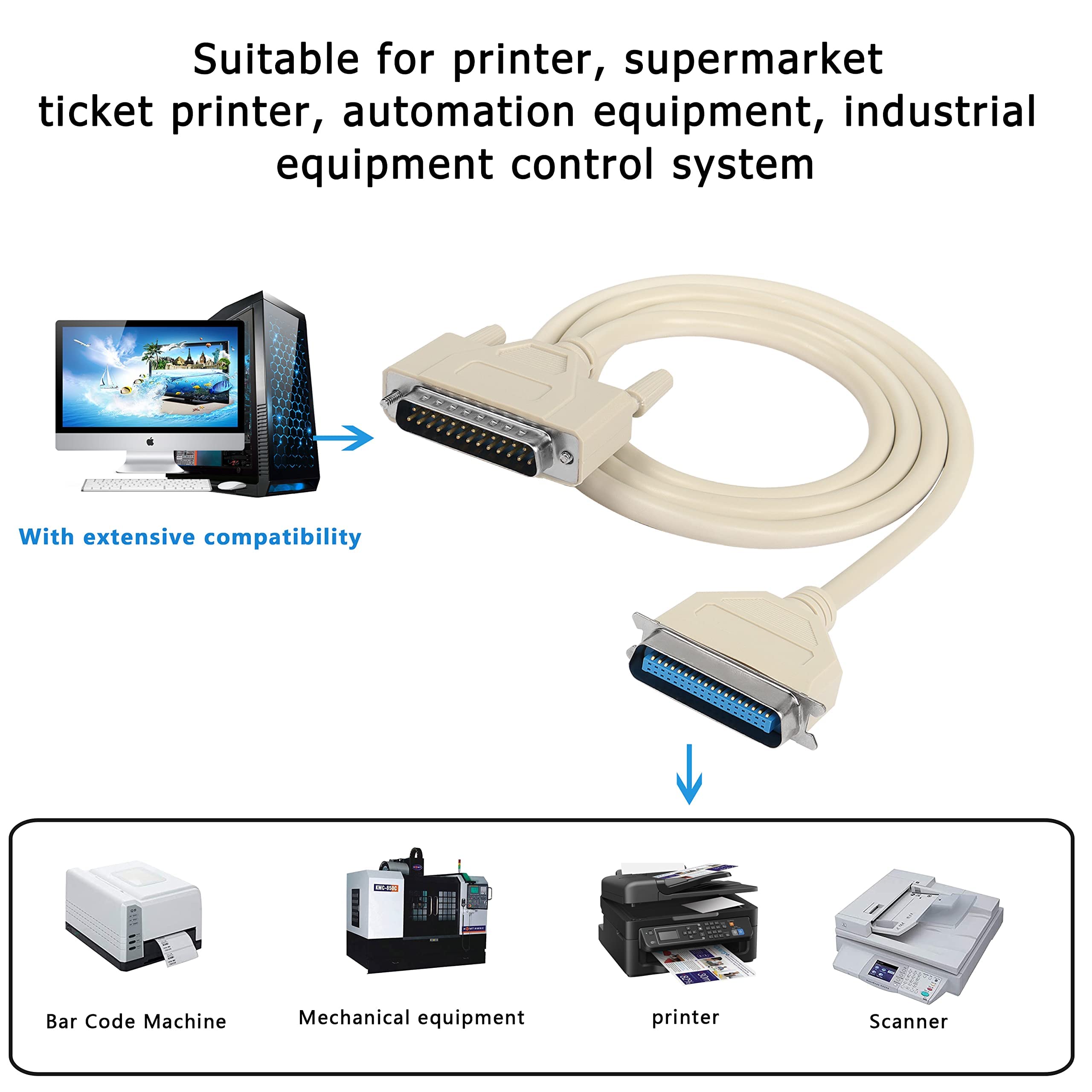 DB25 to CN36 Parallel Printer Cable - 25 Pin Male to 36 Pin Male Centronics Extension Adapter (1.5M, 25C*30AWG) for Computer & Printer Connectivity - Ideal for Office, Home Printing & Legacy Device Connections