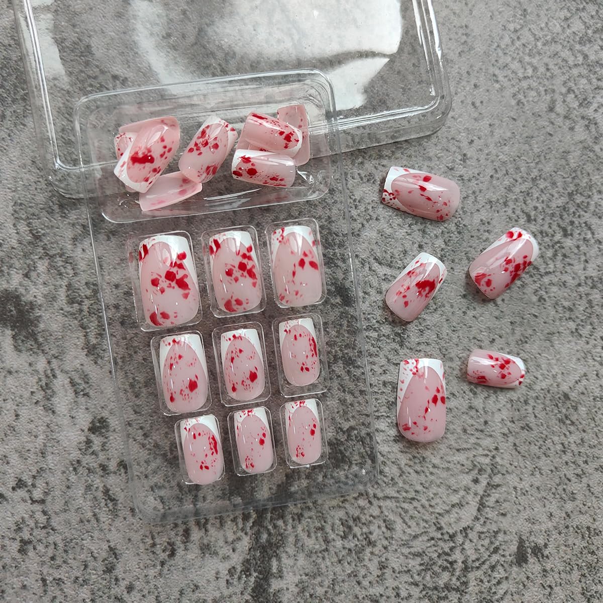 24pcs Horror Gothic Press on Nails - Short Square French Tip Fake Nails with Bleeding Acrylic Designs for Halloween | Full Cover Glue on Nails for Women | Perfect for Costume Parties, Cosplay & Spooky Events