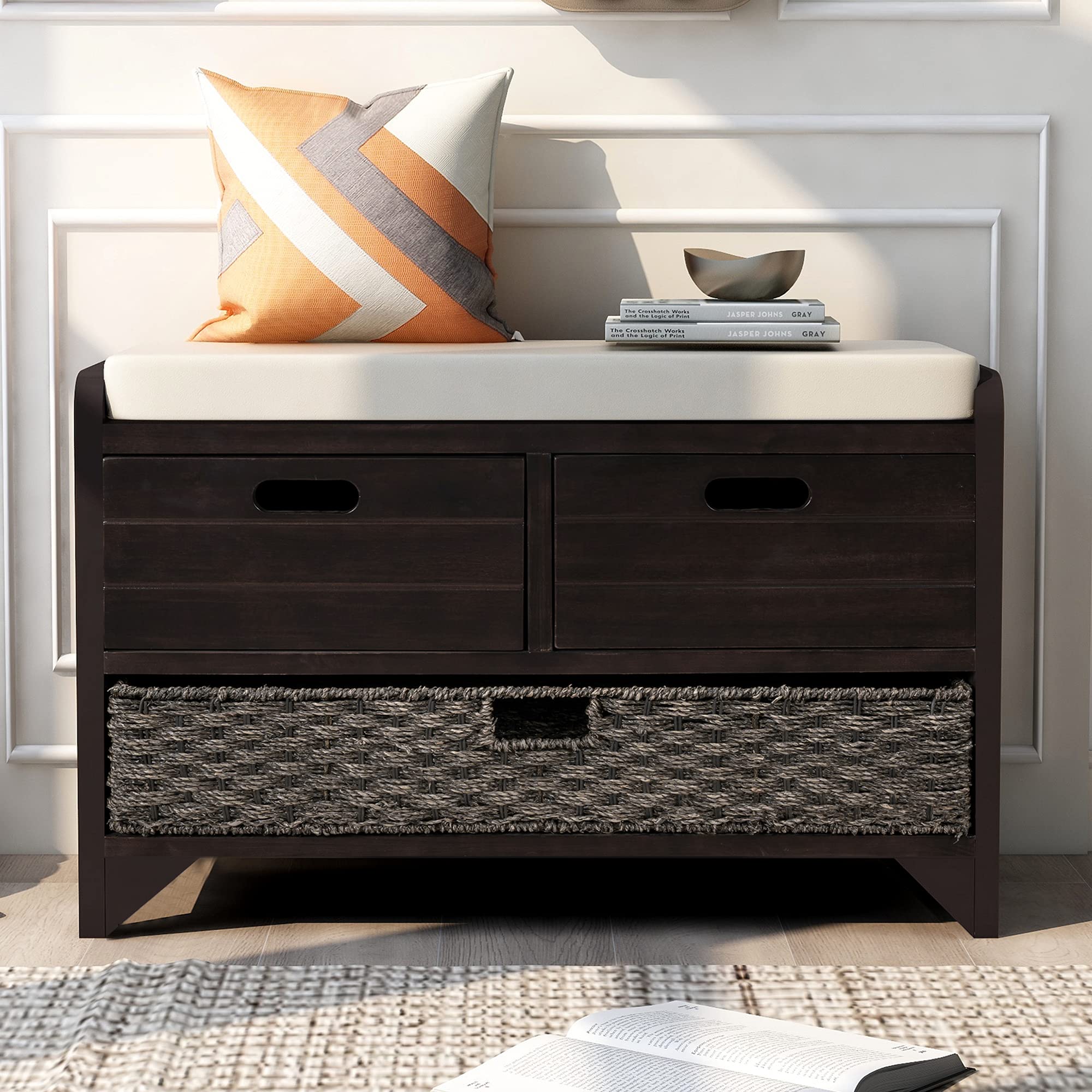 Merax Storage Bench with 2 Drawers & Removable Basket - Fully Assembled Entryway Shoe Bench with Cushion - Perfect for Hallway, Bedroom & Mudroom Organization