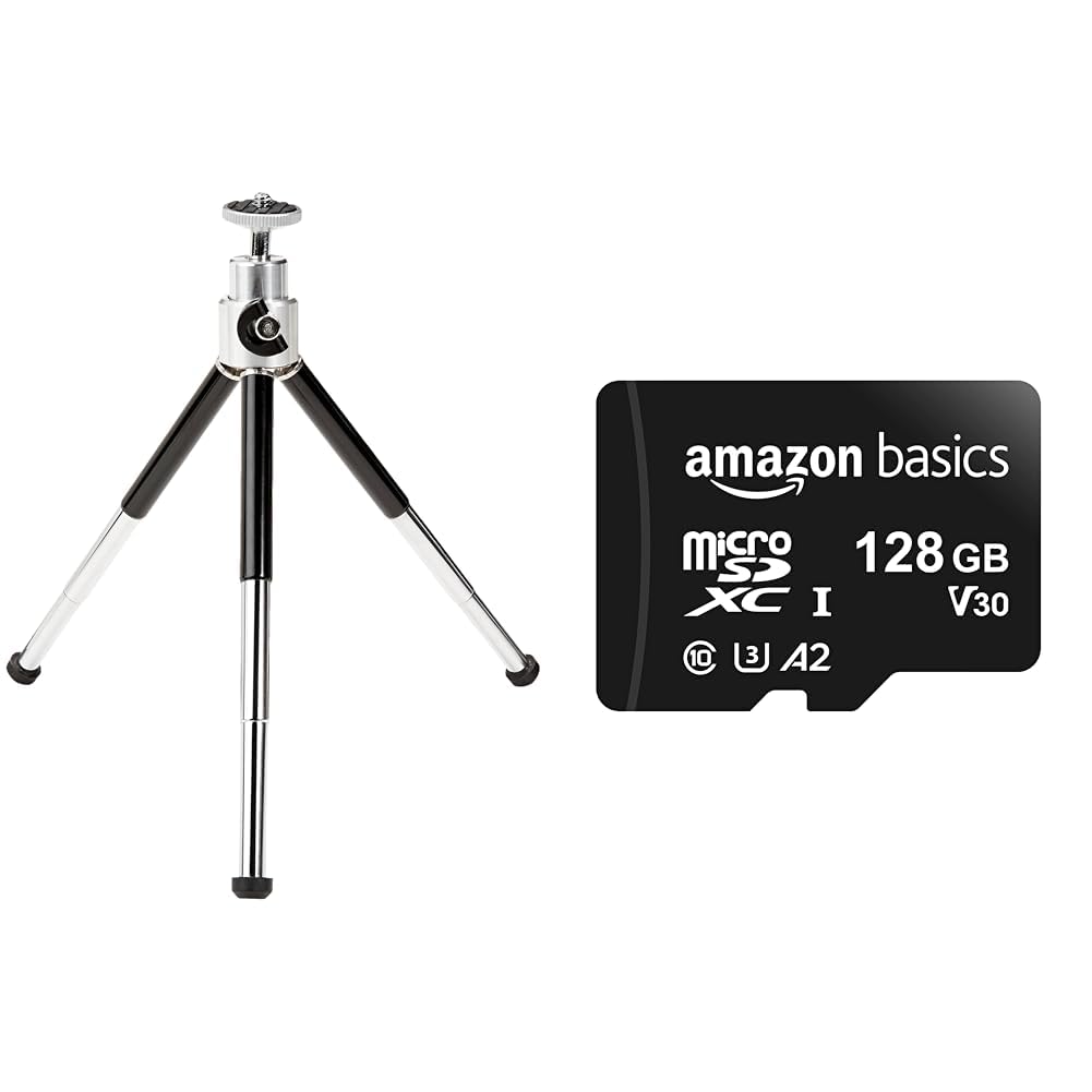 Amazon Basics Lightweight Extendable Mini Tripod for Tabletop & Travel + 128GB Micro SD Card - Perfect for Photography, Vlogging, and Mobile Storage
