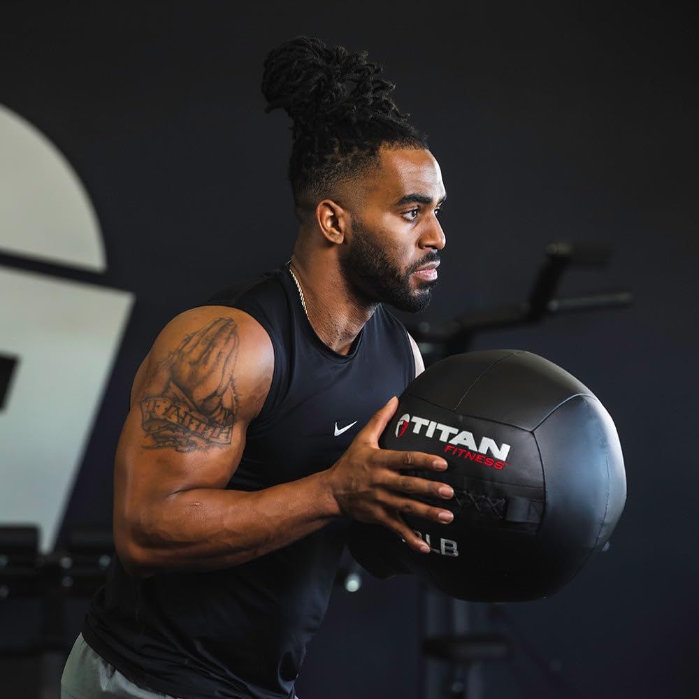 Titan Fitness 18 LB Composite Wall Ball - Soft Shell Poly-Composite Medicine Ball with Non-Slip Cross Texture Grip for Core Training, Full-Body Workouts, CrossFit, Functional Fitness & Home Gym Exercises