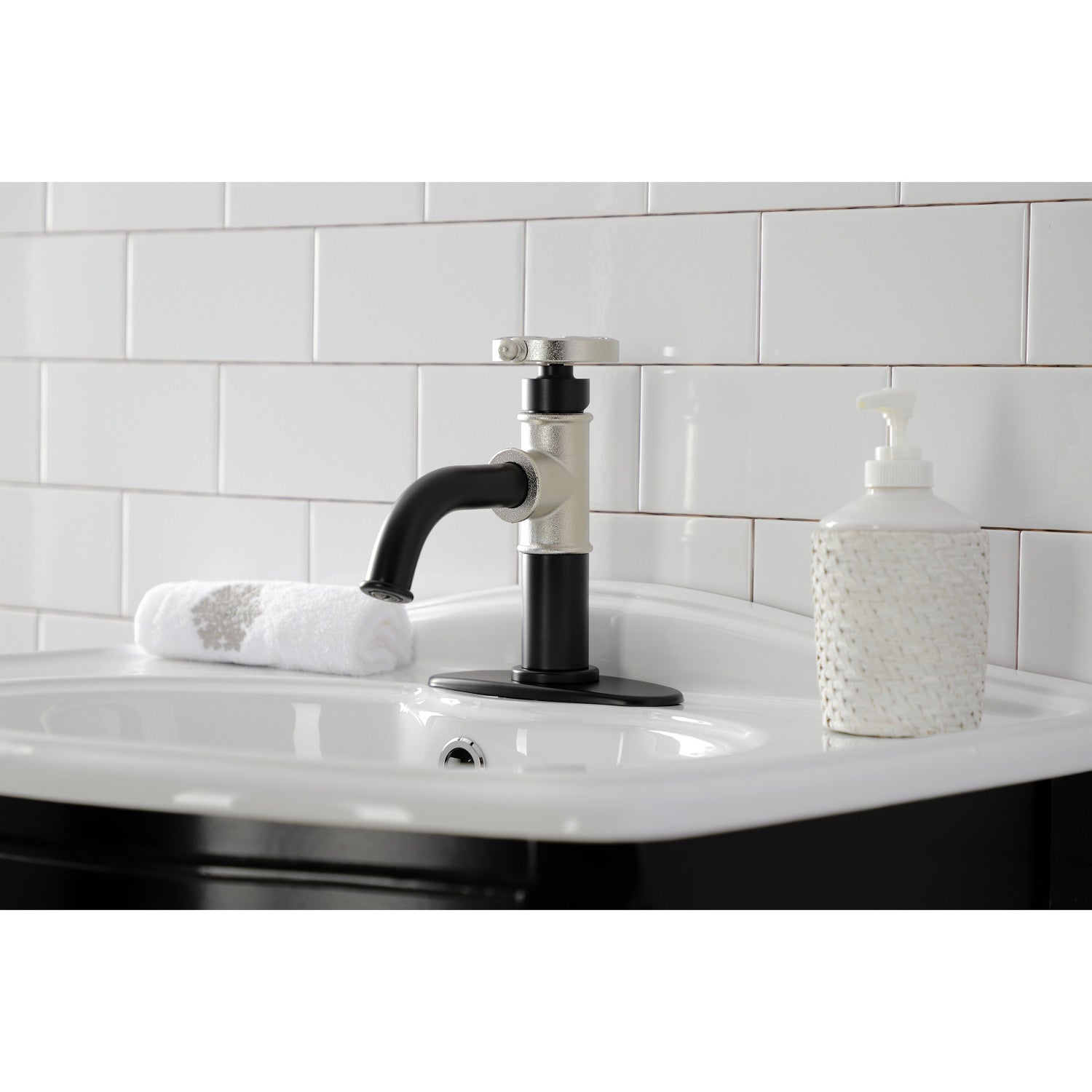 Belknap KSD2826RX Single Handle Bathroom Sink Faucet with Deck Plate & Push Pop-Up Drain - Matte Black/Polished Nickel Finish - Perfect for Modern Bathroom Renovations and Small Space Vanities
