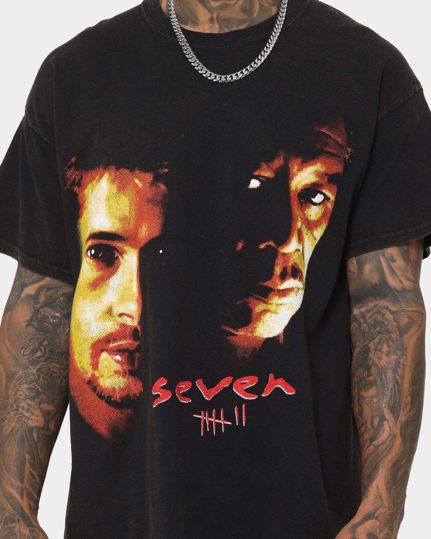 Vintage Seven Seven Graphic T-Shirt - Black Wash Distressed Cotton Tee for Men & Women | Retro Streetwear, Casual Outfit, Unisex Fashion