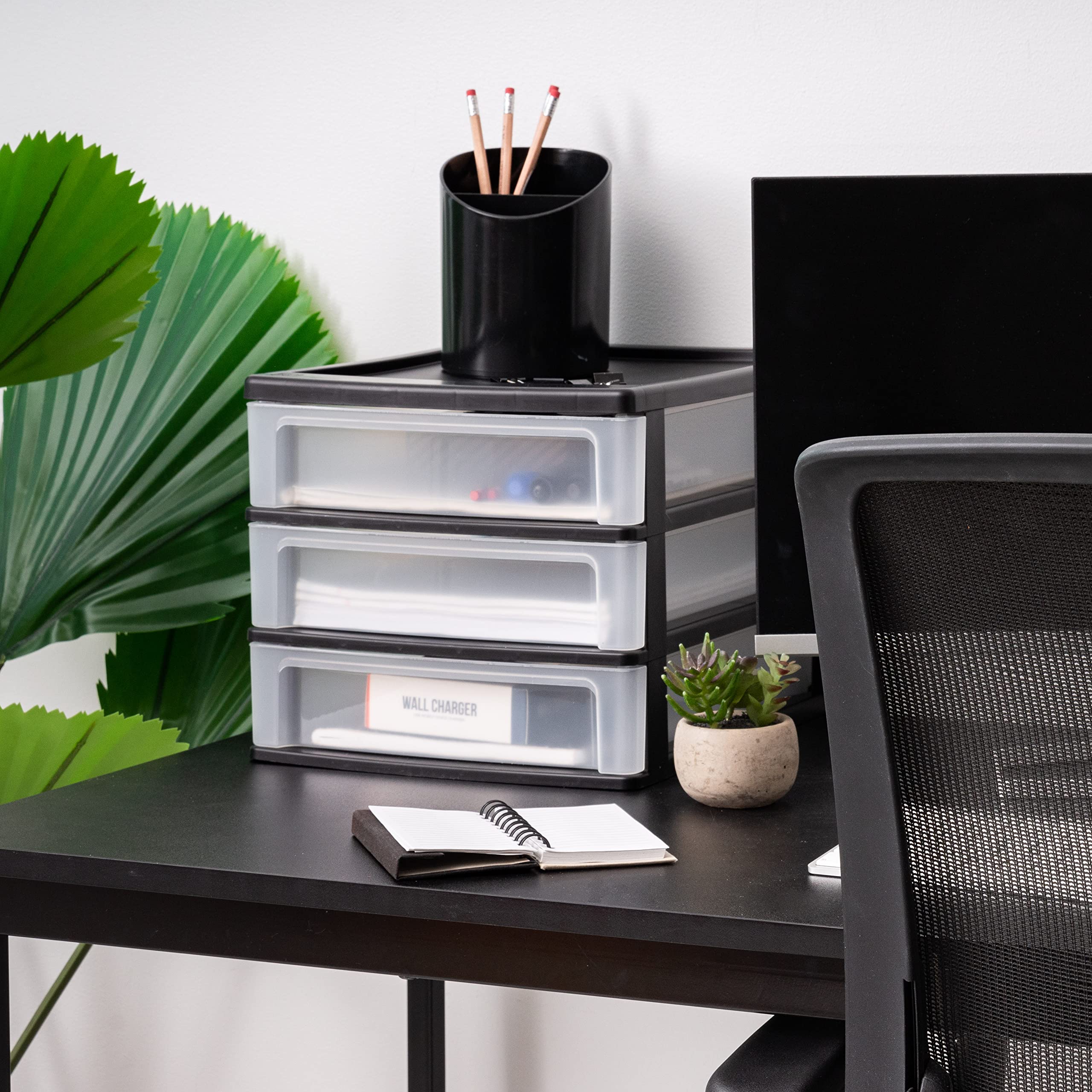 IRIS USA 3-Drawer Plastic Stacking Desk Organizer - Black Medium Storage Bin for Makeup, Nail Polish, Bathroom, Stationery, Crafts, Kitchen, Office & Garage - Perfect for Small Space Organization & Decluttering
