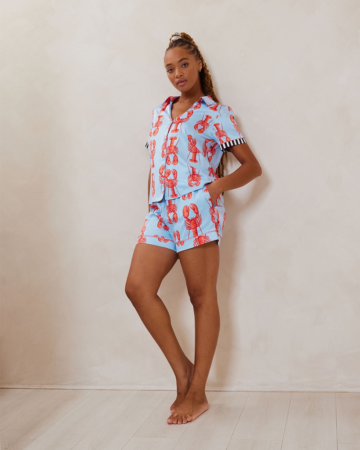 Satin Lobster Print Short Pajama Set for Women - Soft & Comfortable Sleepwear, Summer Nightwear, Loungewear - Perfect for Beach Vacations, Relaxing at Home, and Gift Giving