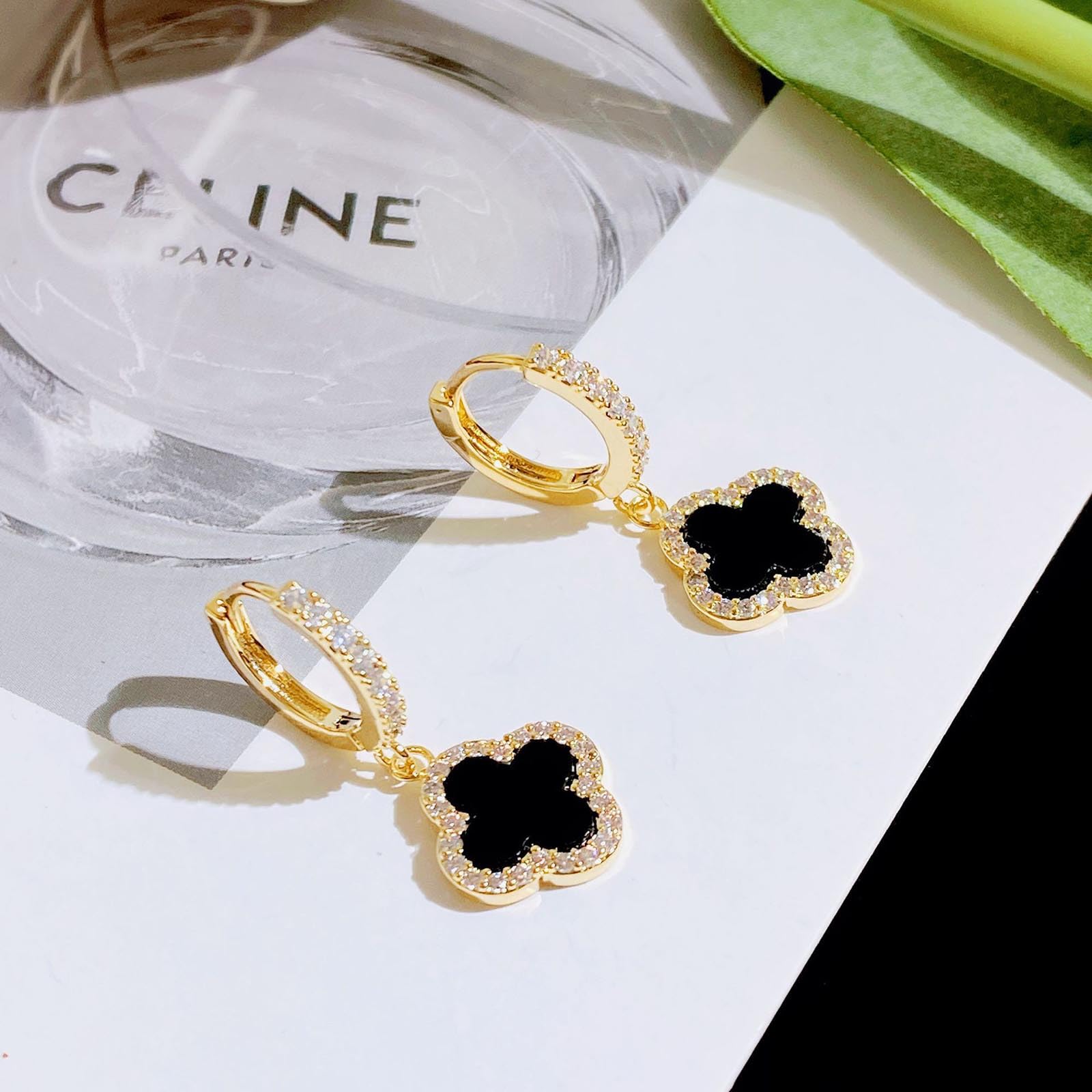 Boho Four Leaf Clover Earrings for Women - Black Crystal Clover Dangle Huggie Hoop Earrings with CZ Stones, Lucky Charm Jewelry Gift for Women and Girls | Perfect for St. Patrick's Day, Parties & Everyday Wear