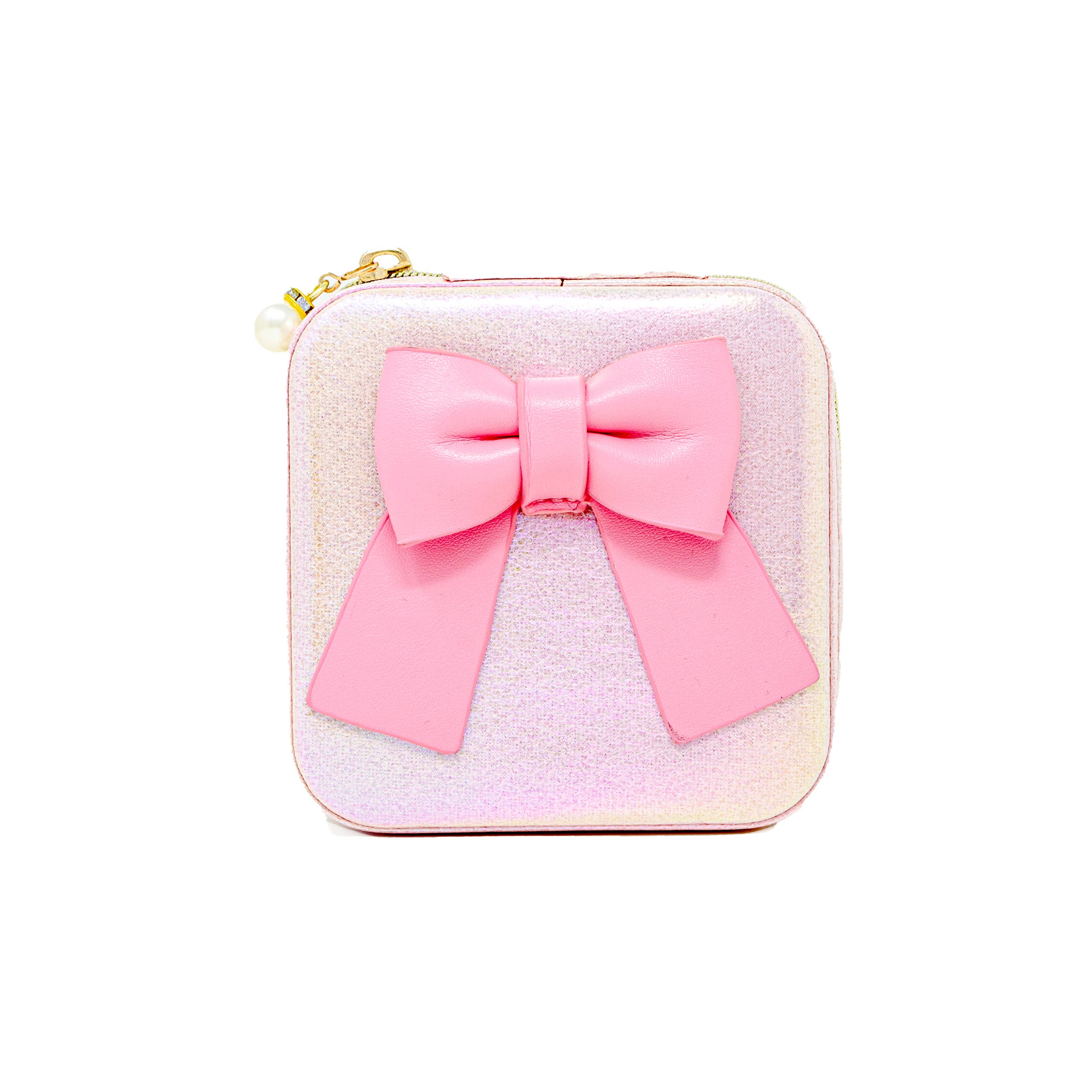 Shiny Jumbo Bow Jewelry Box - Pink Velvet Jewelry Organizer with Mirror | Perfect for Necklaces, Rings & Earrings Storage | Great Gift for Women & Girls | Bedroom, Bathroom & Travel Use
