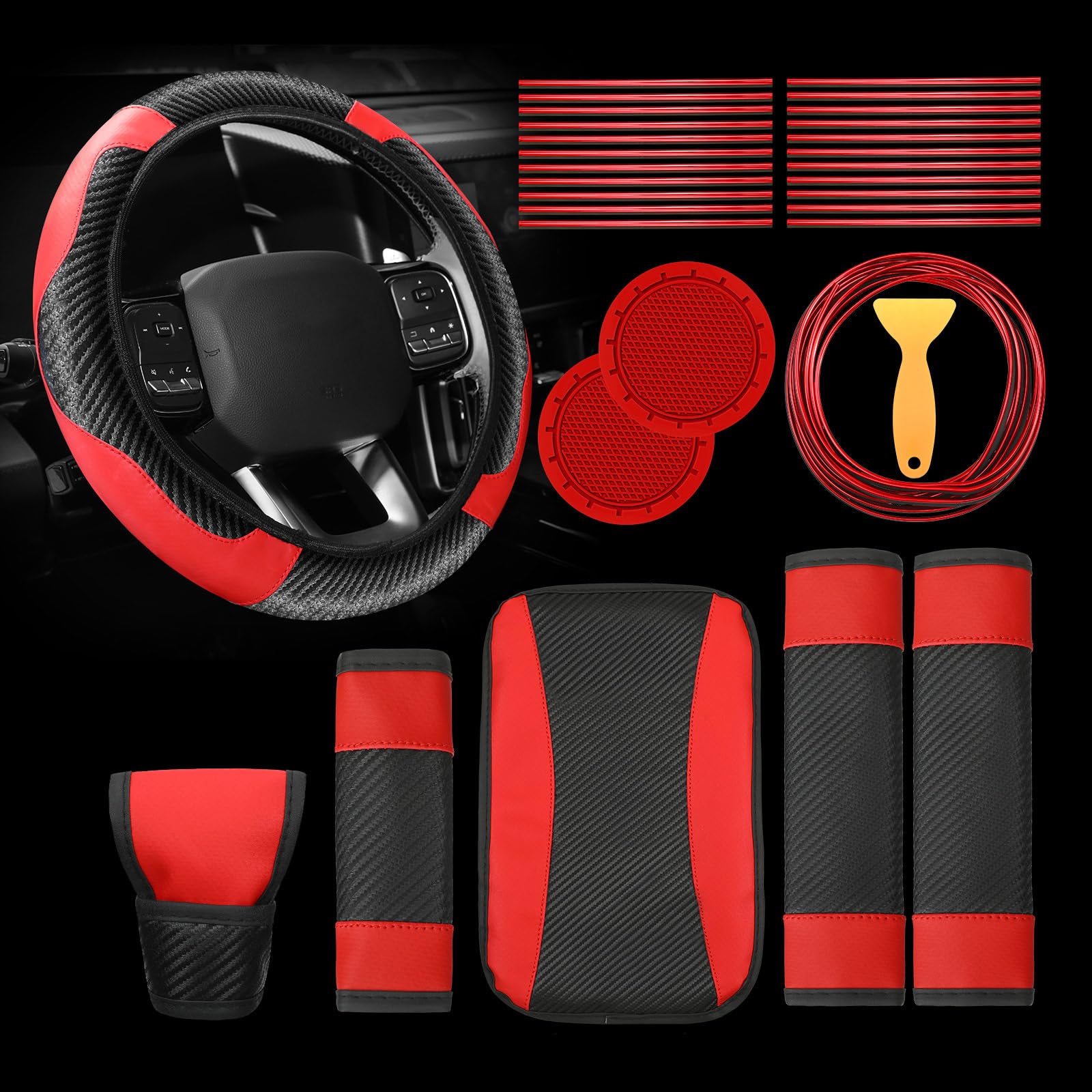 Riakrum 30-Piece Car Accessories Set - Red & Black PU Leather Steering Wheel Cover, Auto Interior Decor, Vent Trim Strips, AC Insert Strips with Installation Tool - Perfect for Car Enthusiasts & Gift Giving