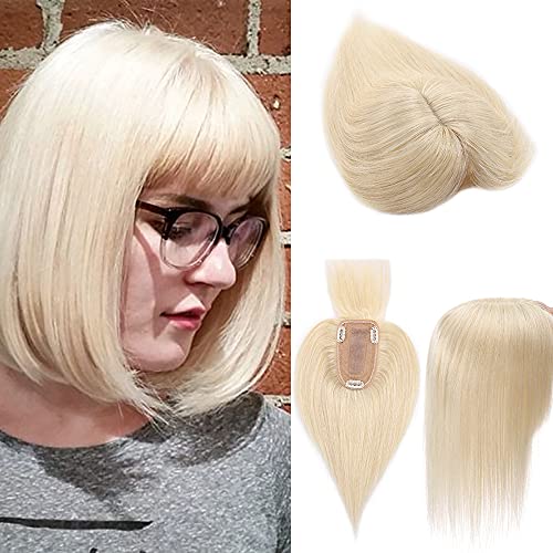 SEGO 100% Remy Human Hair Toppers with Bangs - Silk Base Clip-in Hairpiece for Women with Thinning Hair & Hair Loss - 14 Inch 60# Platinum Blonde 44g - Perfect for Daily Wear, Parties & Covering Gray Hair