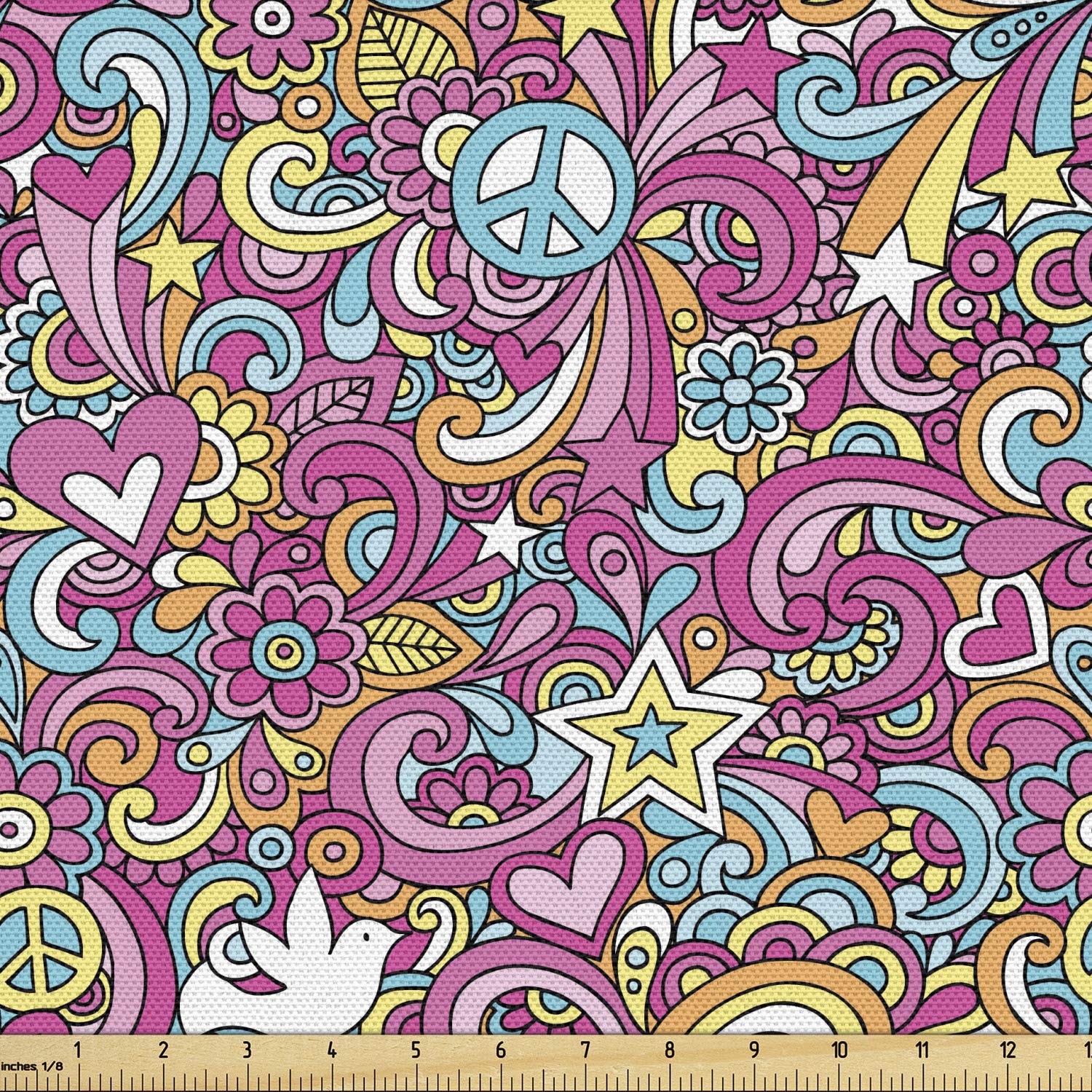 Lunarable 1960s Psychedelic Groovy Peace Notebook Doodle Fabric - 10 Yards Fuchsia Pink Upholstery Material for Sofa, Curtains & Home Decor | Retro Hippie Style Bedding, Pillows & DIY Craft Projects