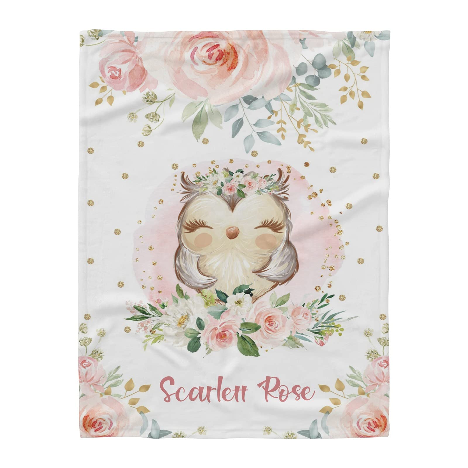 Personalized Watercolor Pink Flower Owl Baby Blanket with Name - Soft Fleece Newborn Blanket for Girls - Custom Nursery Throw Blanket 30x40 Inches - Perfect for Baby Showers, Birthdays & Nursery Decor