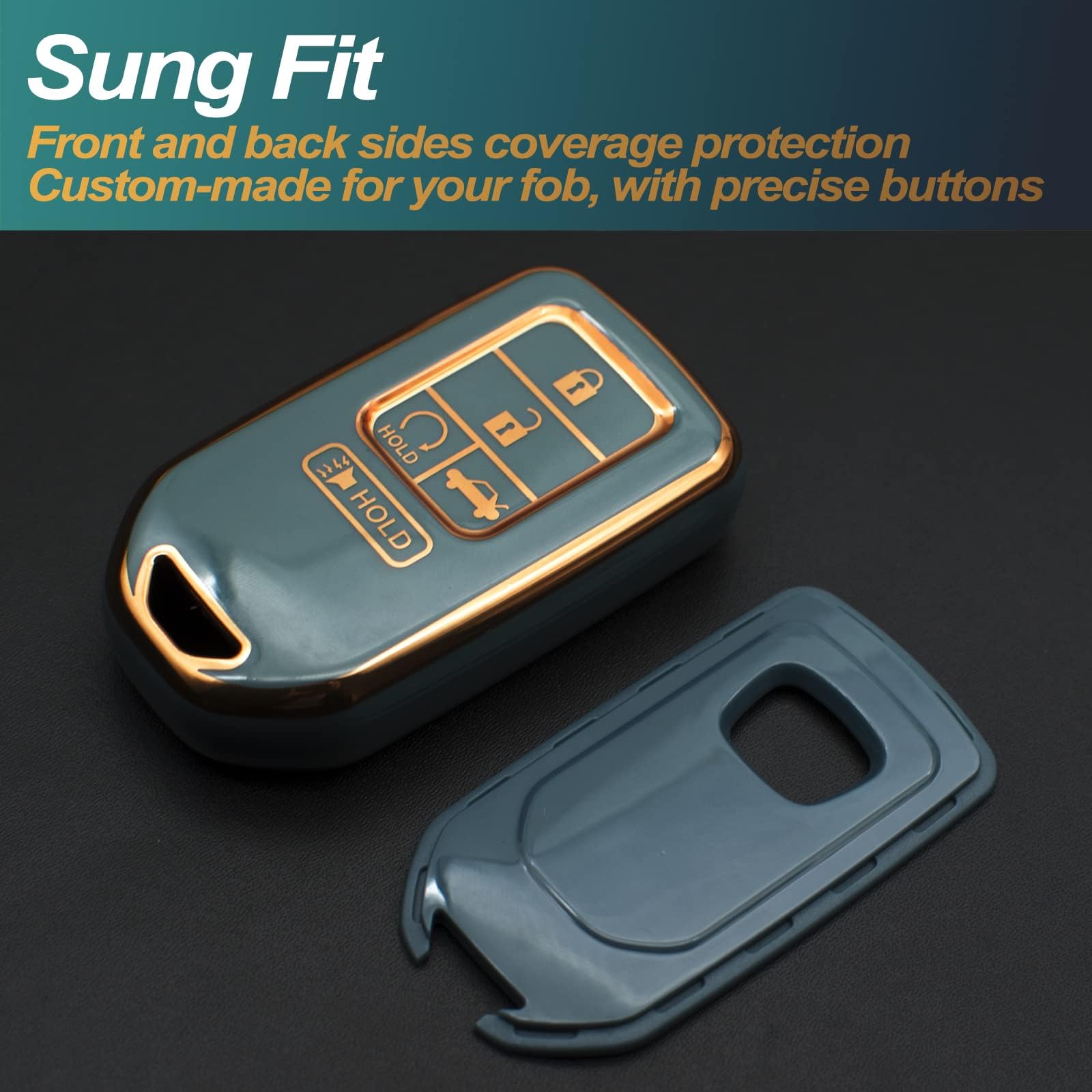 FEYOUN TPU Key Fob Cover Case - Compatible with Honda Accord, Civic, CR-V, Insight, Passport, Pilot (5 Buttons) - Durable Remote Keyless Entry Protection Shell Accessories in Blue Gray - Perfect for Daily Use & Car Key Protection