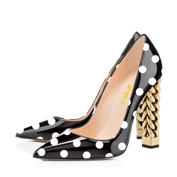 FSJ Women's Gold Metal Chain Chunky High Heel Pointed Toe Slip On Party Prom Pumps - Size 4-15 US - Perfect for Evening Events, Weddings & Night Out
