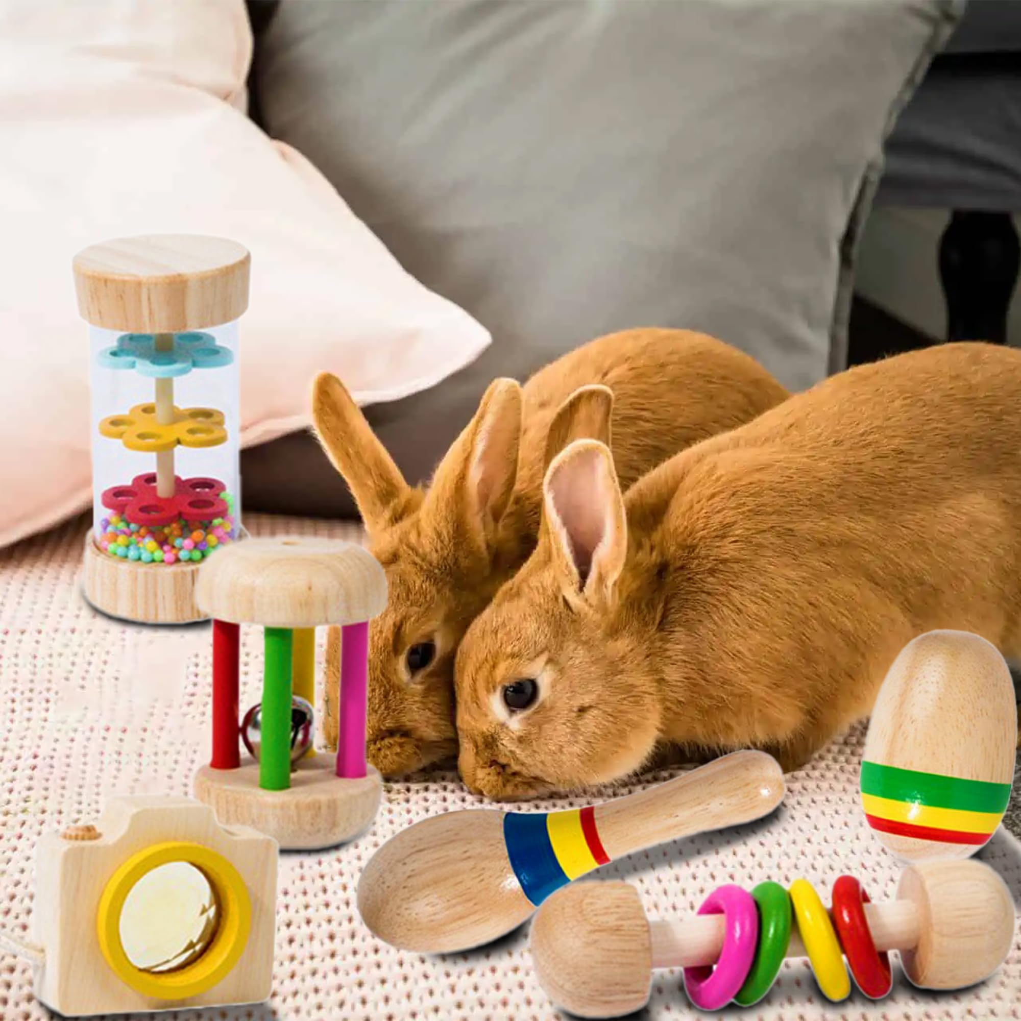 6 Pcs Wooden Bunny Chew Toys for Small Pets - Safe & Bite-Resistant Rabbit Toys for Chinchillas, Hamsters, Guinea Pigs - Natural Teeth Grinding & Playtime Fun - Perfect for Indoor & Outdoor Use, Cage Enrichment, and Small Animal Dental Care