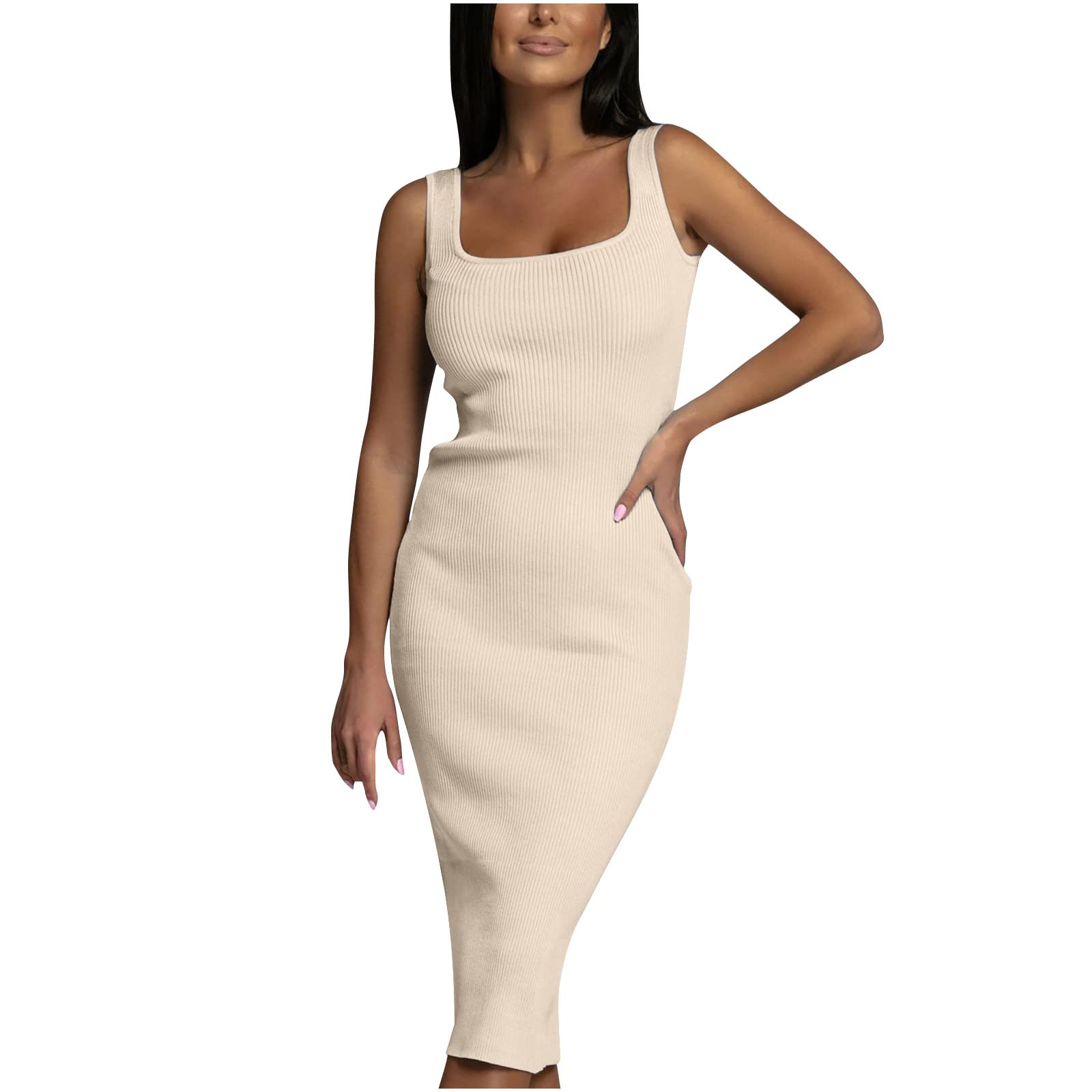 Women's Summer Sundresses - Sleeveless U-Neck Bodycon Dress with Ruched Detail | Slimming Casual Beach Dress for Vacation, Party & Outdoor Activities | Stretchy Wrap T-Shirt Style in Solid Colors