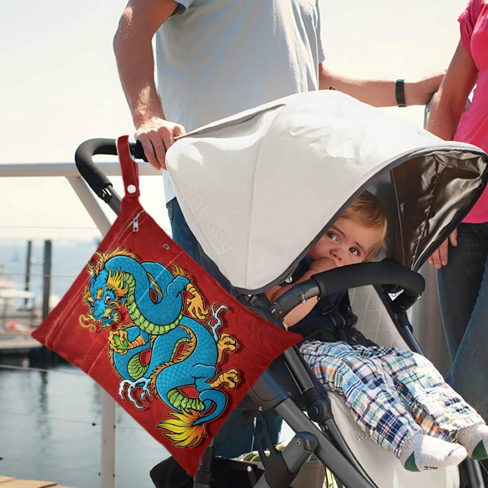 Visesunny Blue Dragon 2Pcs Wet Bags with Zippered Pockets - Washable & Reusable Waterproof Storage for Travel, Beach, Pool, Daycare, Stroller, Diapers, Gym Clothes & Swimsuits - Perfect for Wet Items, Toiletries & Baby Essentials