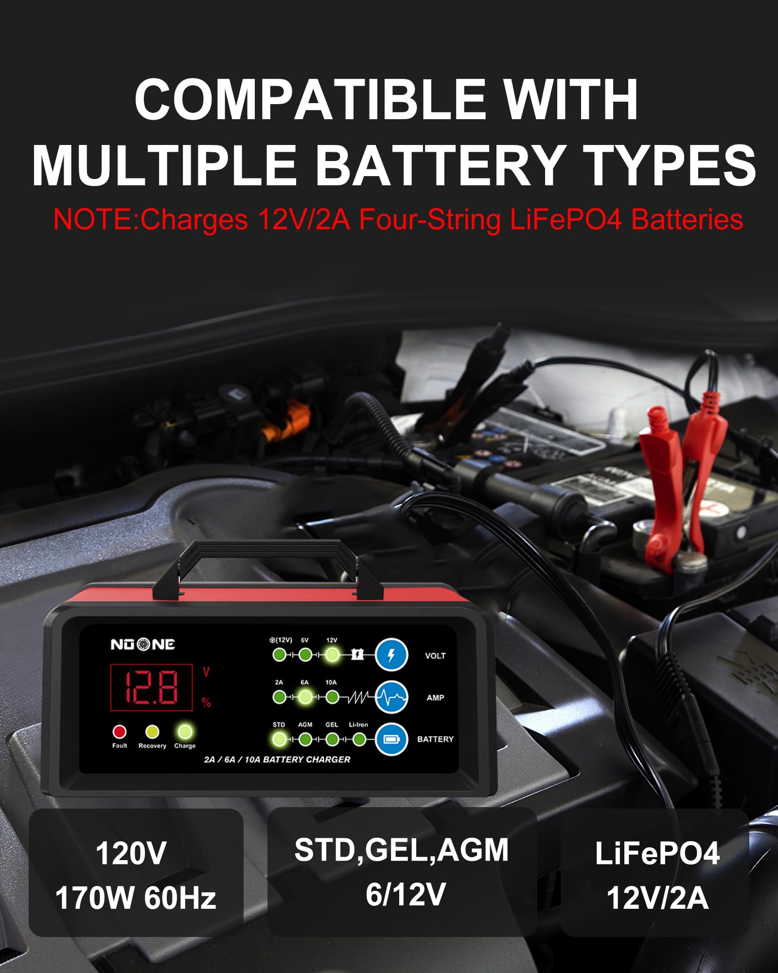 NOONE 2/6/10A Smart Car Battery Charger & Maintainer - 6V/12V Fully Automatic Trickle Charger with Desulfation - Compatible with Cars, Motorcycles, Lawn Mowers, Boats & Marine Lead Acid Batteries - Perfect for Winter Storage & Long-Term Battery Maintenance