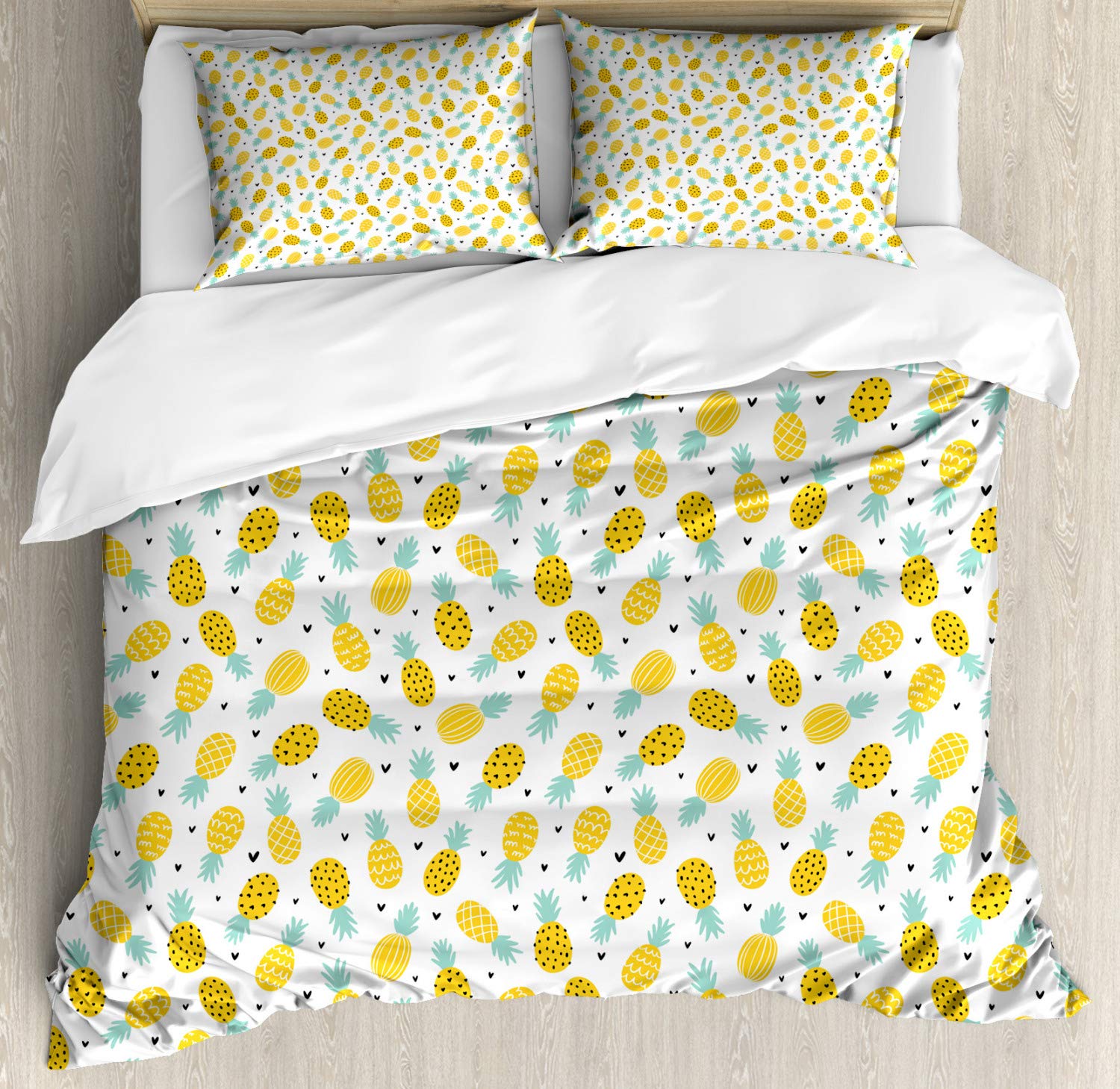 Ambesonne Exotic Duvet Cover Set - Hand Drawn Pineapple & Heart Doodle Summer Design, Queen Size 2-Piece Bedding Set with 4 Pillowcases, Yellow Sea Green Black | Tropical Bedroom Decor, Guest Room Upgrade, Summer Themed Home Accessories
